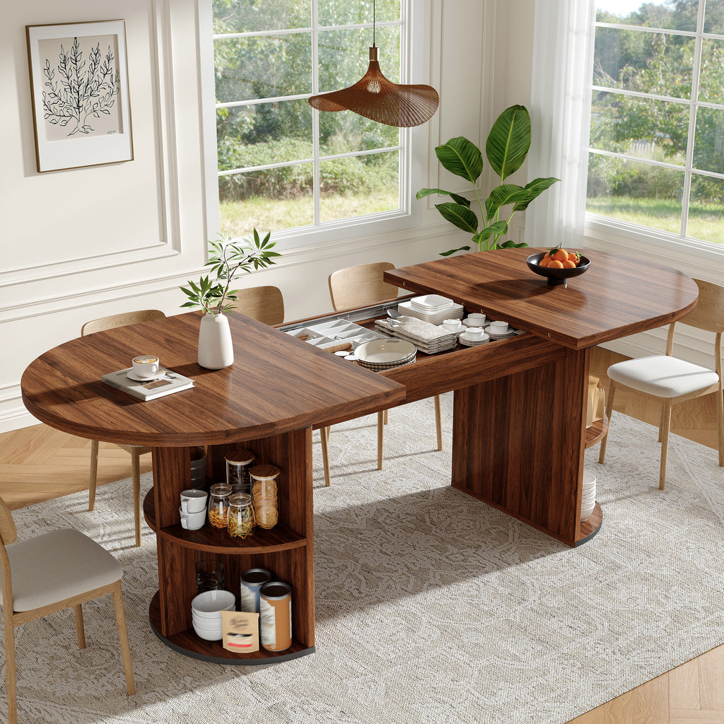 Extendable dining table with hidden storage compartment, thickened tabletop for high stability, flexibly adaptable for small spaces, kitchen, study and living room, dark brown