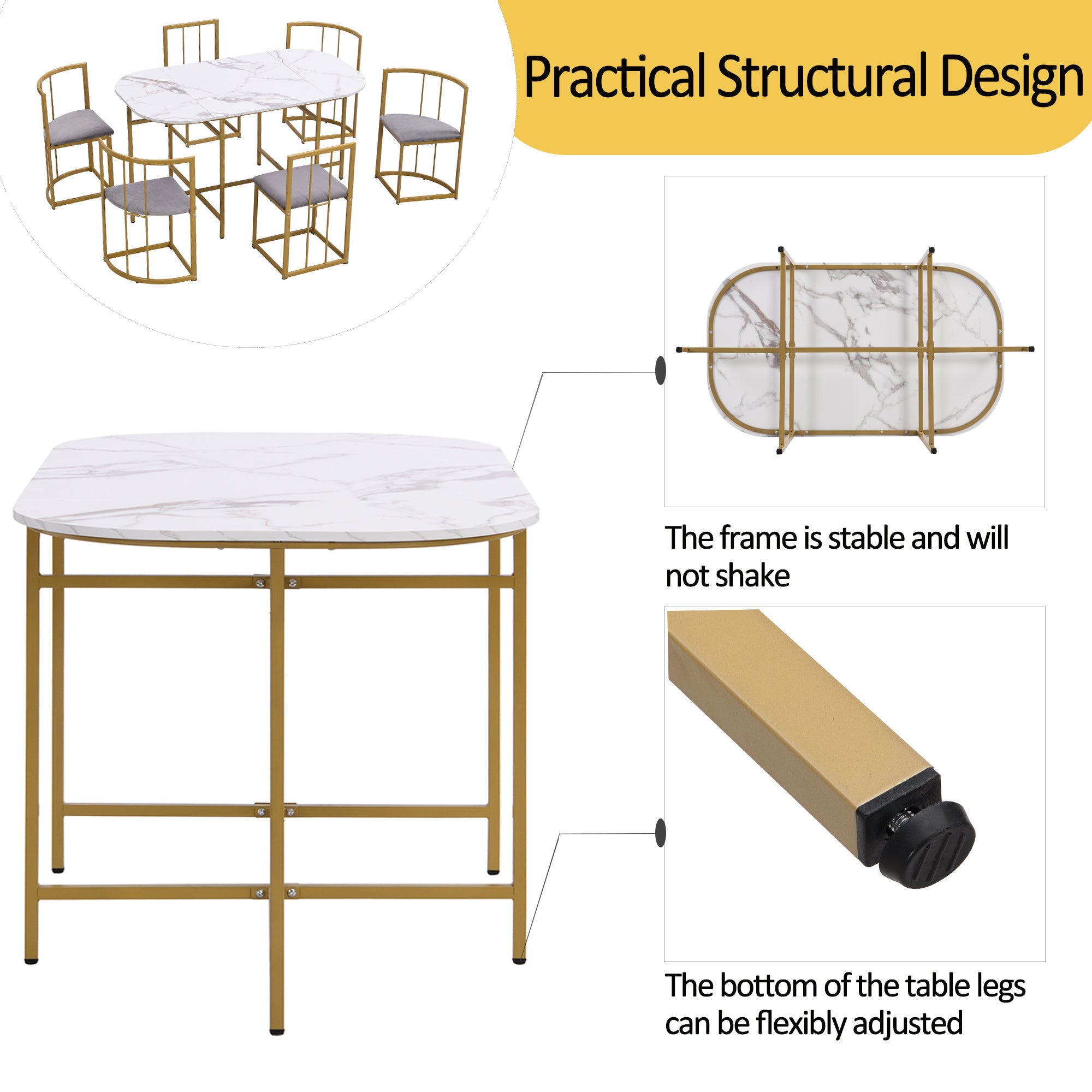 Six-Chair Dining Table Set:(White Table, Chairs with Backrests and Gray Upholstery, Gold Iron Frame),Dining Room Table and Chair Set,Modern Dining Table Combination
