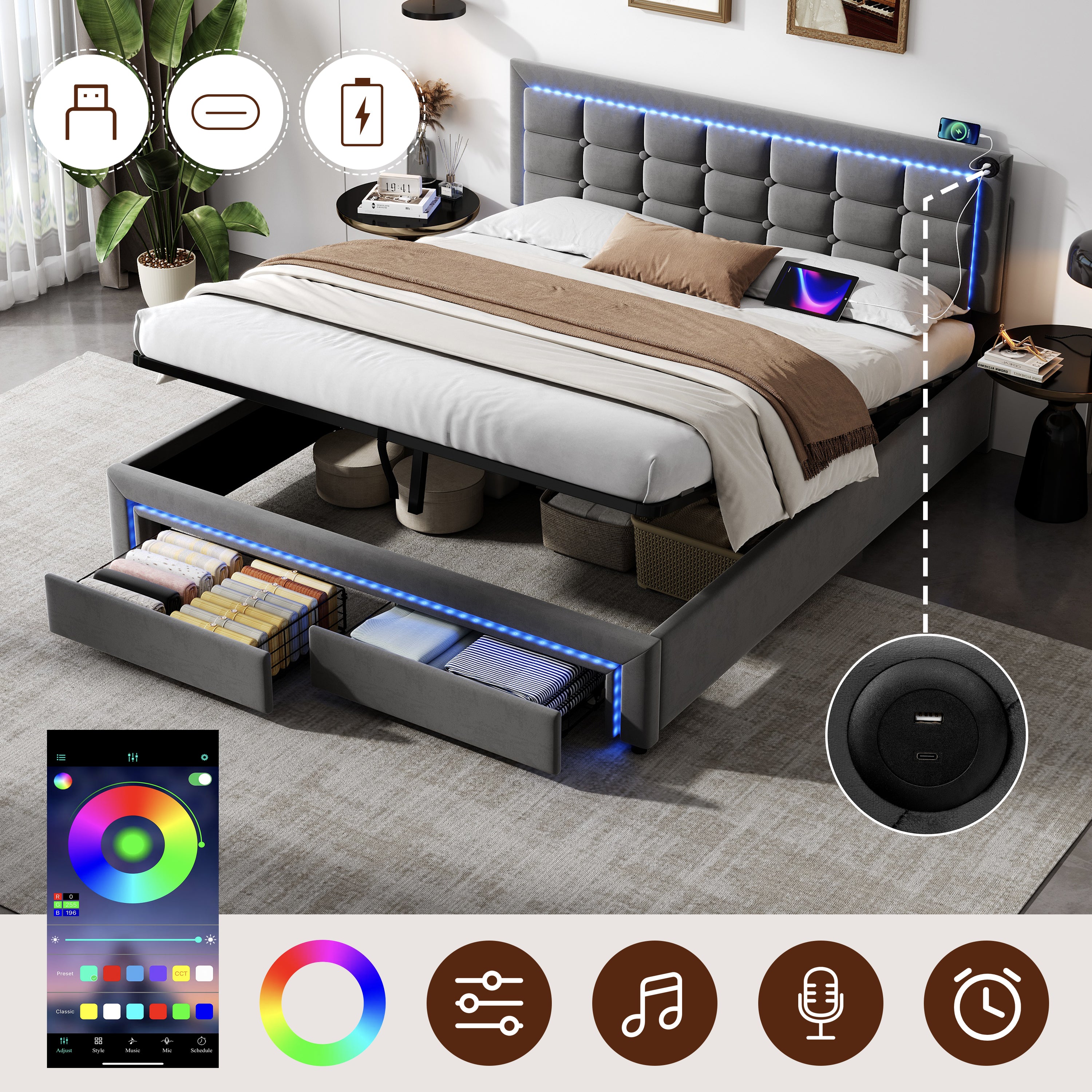 4ft6 Double Upholstered Bed Frame with Hydraulic and Drawers Storage, LED Adjustable Button Tufted Headboard with Charging Station, Velvet Hydraulic Bed with RGB LED Lighting, Grey (No Mattress)