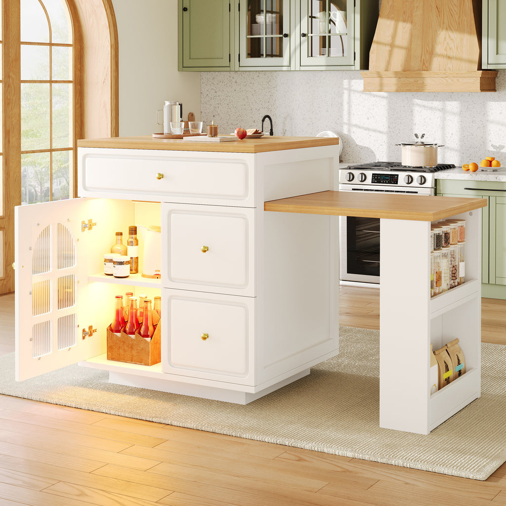 Extendable bar table with storage (122.5-195.5×70×93.5cm), with four drawers and curved glass door, kitchen island with extendable table, LED color light, for 2-6 people, kitchen dining cart with side