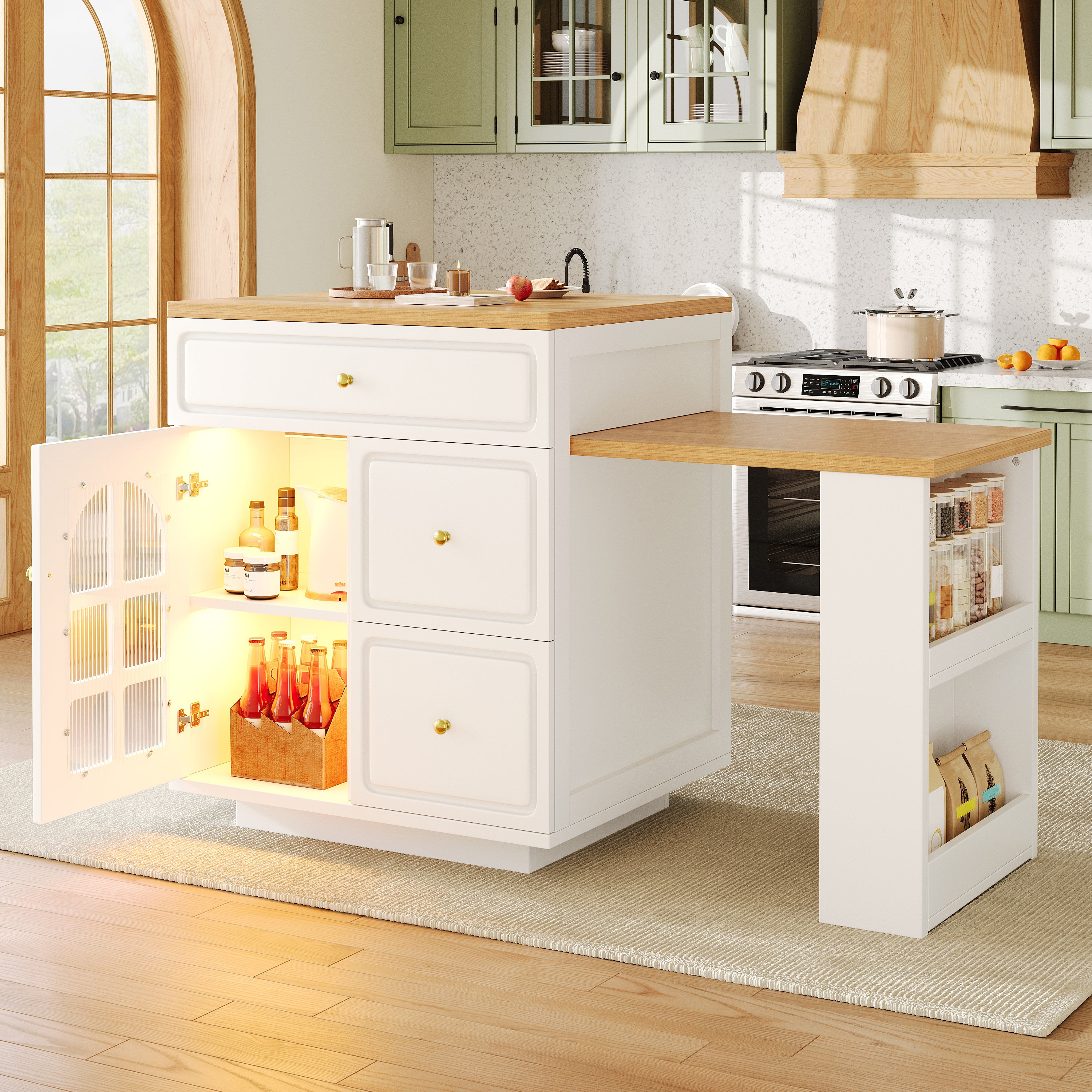 Extendable bar table with storage (122.5-195.5×70×93.5cm), with four drawers and curved glass door, kitchen island with extendable table, LED color light, for 2-6 people, kitchen dining cart with side