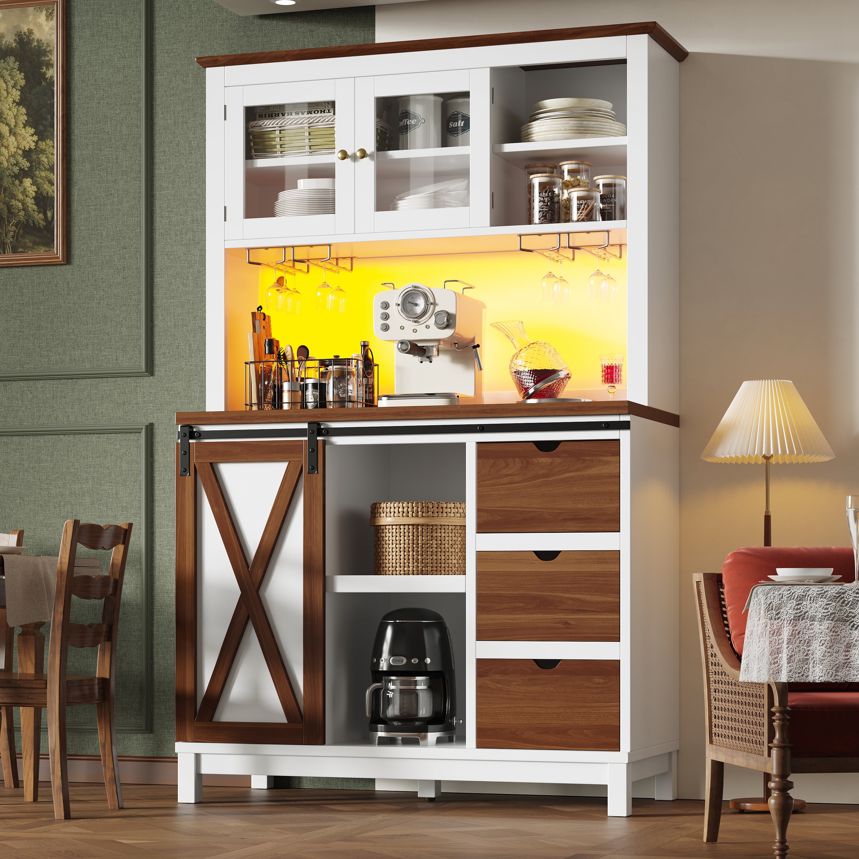 Modern tall cabinet with LED lighting & app control, kitchen cabinet or dining room cabinet with drawer, sideboard with sliding door and three drawers,White