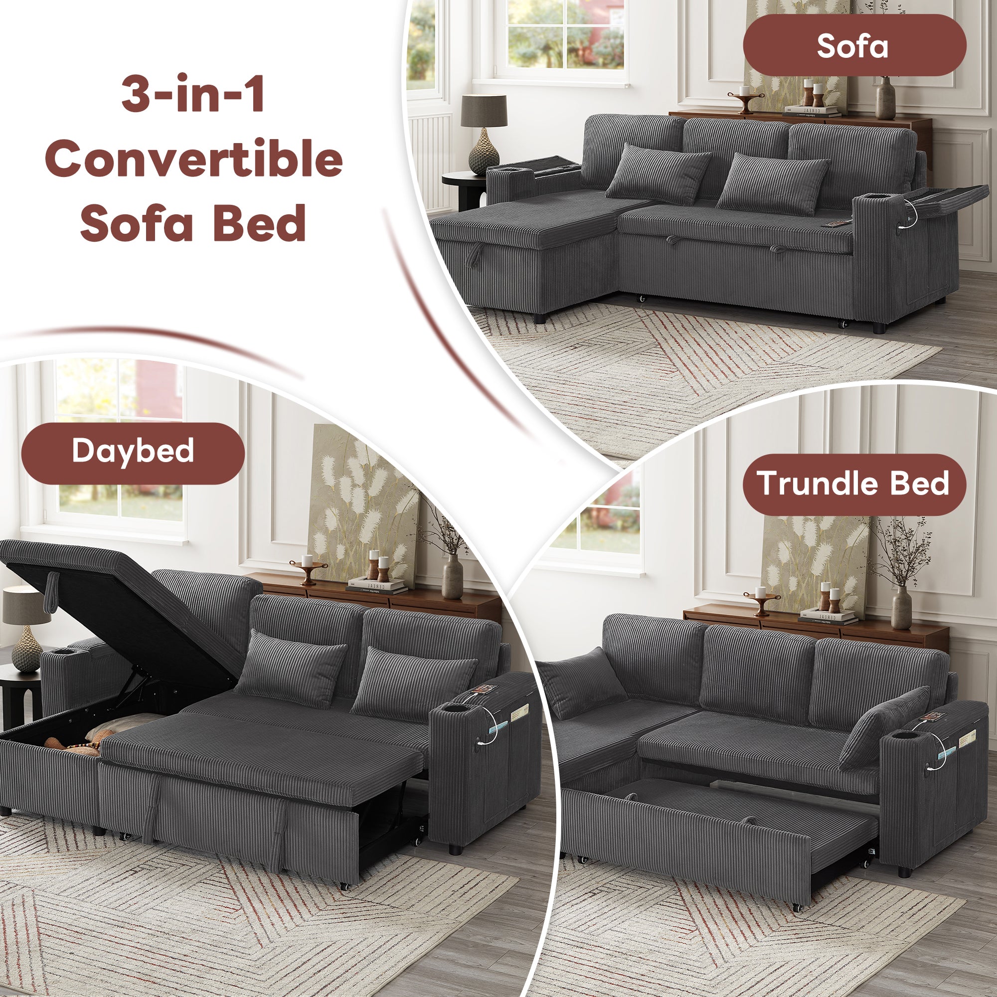 3 in 1 Convertible Corduroy Sofa Bed with Storage Chaise, L Shaped Sleeper Sofa Couches with Armrest Storage and Charging Station. Pullout Sectional Daybed for Living Room/Bedroom/Office, Grey