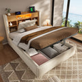 4ft6 Double Bed with Hydraulic Storage, Upholstered Bed Frame with LED Lighting & Charging Station, Storage Headboard for Cellphones & Tablets, 135 x 190 cm, Linen, Beige (No Mattress)