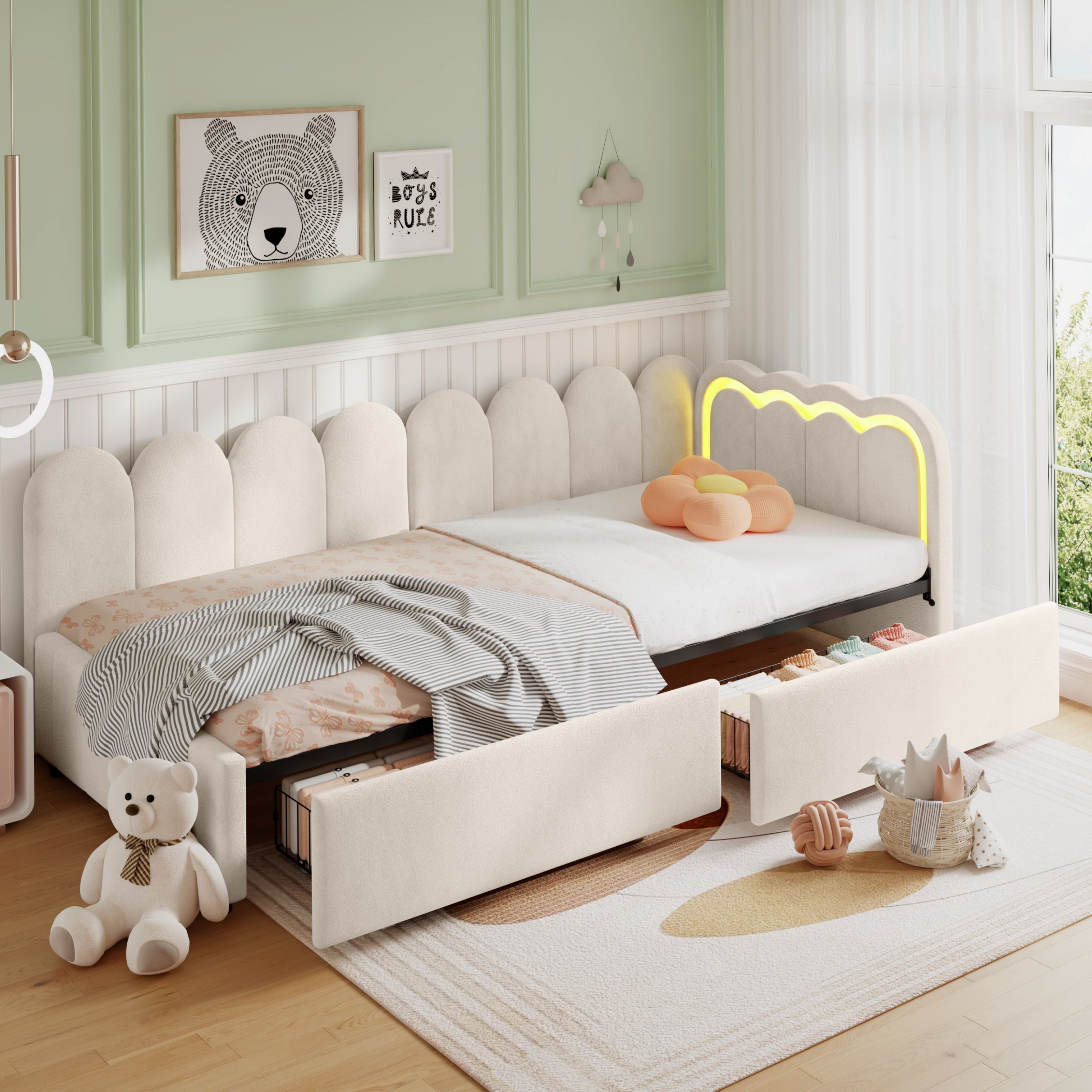 3ft Single Daybed with Smart RGB LED Lights and 2 Storage Drawers, Modern Velvet Youth Bed with Scalloped Backrest and Wooden Slats, Reversible Side Panel, Easy Assembly, Beige (No Mattress)