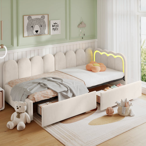 3ft Single Daybed with Smart RGB LED Lights and 2 Storage Drawers, Modern Velvet Youth Bed with Scalloped Backrest and Wooden Slats, Reversible Side Panel, Easy Assembly, Beige (No Mattress)