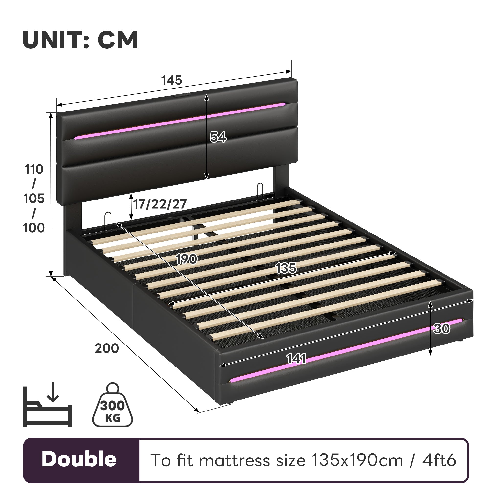 4ft6 Double Upholstered Bed Frame with Hydraulic Storage, PU Ottoman Bed with LED Lighting and Charging Station, LED Adjustable Headboard with USB and Type - C Ports, Black (No Mattress)
