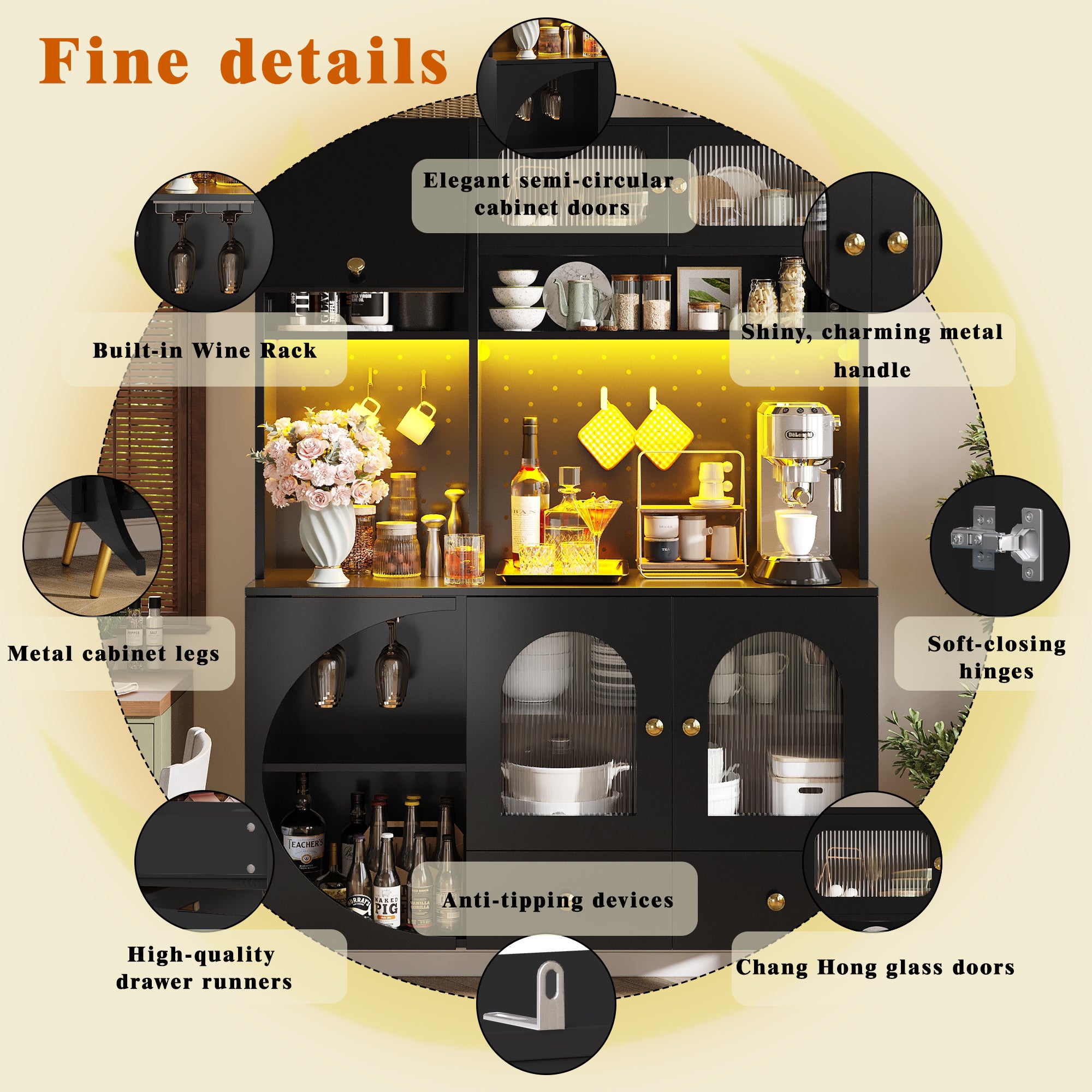Tall Kitchen Cabinet with LED Lights & USB Ports, Modern Sideboard Storage Cabinet with Power Outlets, Perforated Wall, Drawer & Glass Shelves, for Kitchen & Living Room, 120x40x176 cm, Black