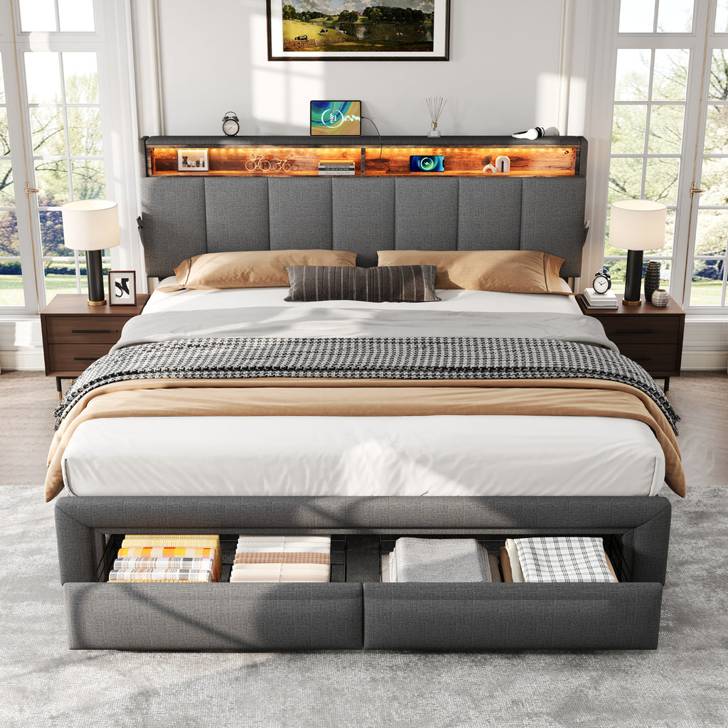 5ft King Upholstered Bed Frame with Hydraulic and Drawers Storage, LED Adjustable Headboard with Charging Station and Concealed Headboard Storage, Linen, No Box Spring Needed, Grey (No Mattress)