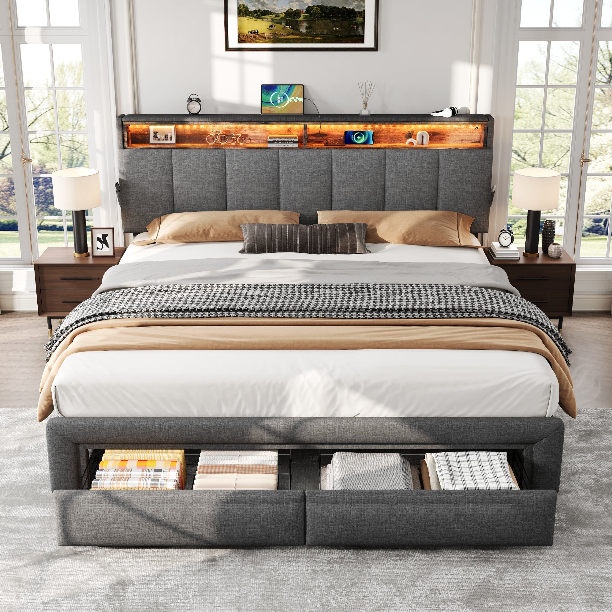 5ft King Upholstered Bed Frame with Hydraulic and Drawers Storage, LED Adjustable Headboard with Charging Station and Concealed Headboard Storage, Linen, No Box Spring Needed, Grey (No Mattress)