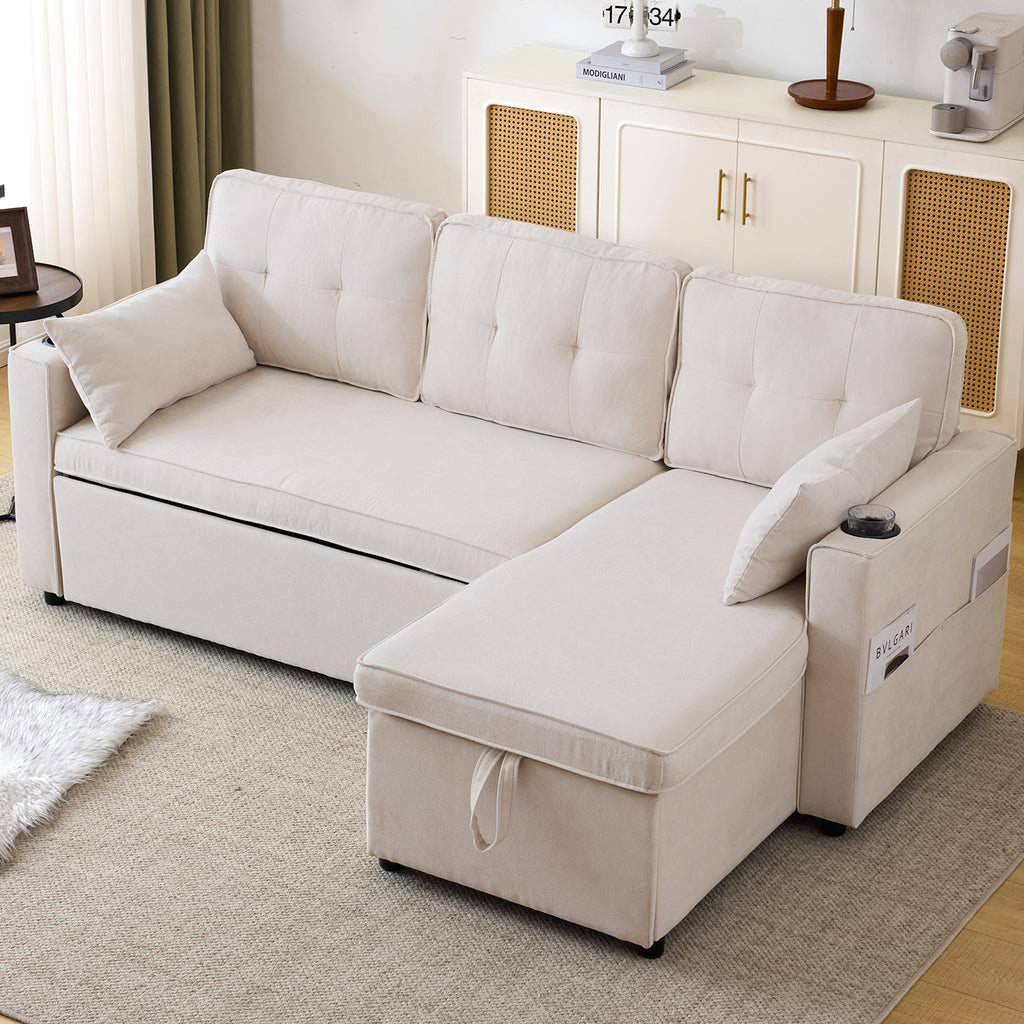 3-in-1 Convertible Sofa Bed with Internal Storage Chaise, L Shaped Sleeper Sofa Couches with Cup Holders, Pillows and Storage Pocket. Pullout Sectional Daybed for Living Room/Bedroom/Office, Beige