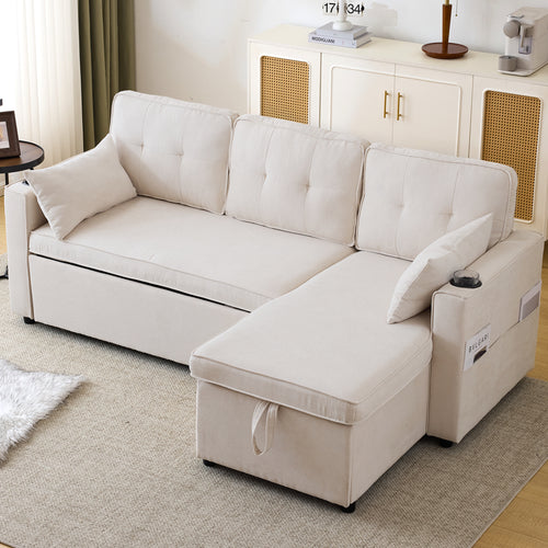 3-in-1 Convertible Sofa Bed with Internal Storage Chaise, L Shaped Sleeper Sofa Couches with Cup Holders, Pillows and Storage Pocket. Pullout Sectional Daybed for Living Room/Bedroom/Office, Beige