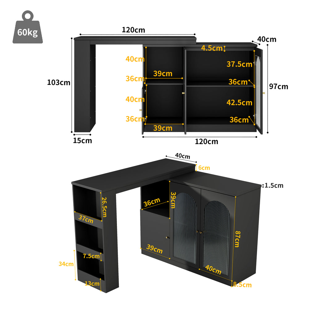 360° rotating bar table (main body 120 x 40 x 97 cm), modern and simple black rotating dining and bar cabinet, multifunctional storage cabinet with glass door