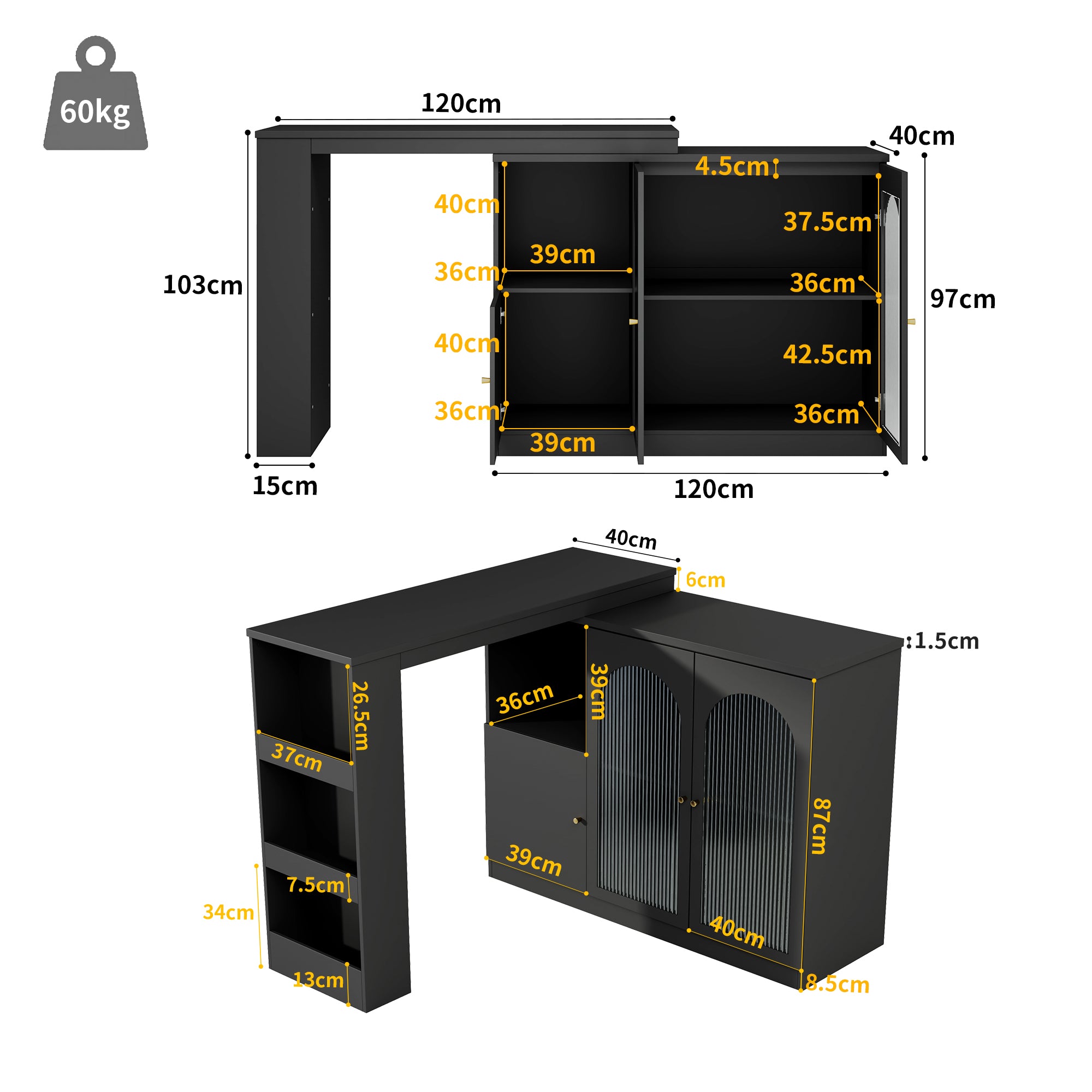360° rotating bar table (main body 120 x 40 x 97 cm), modern and simple black rotating dining and bar cabinet, multifunctional storage cabinet with glass door