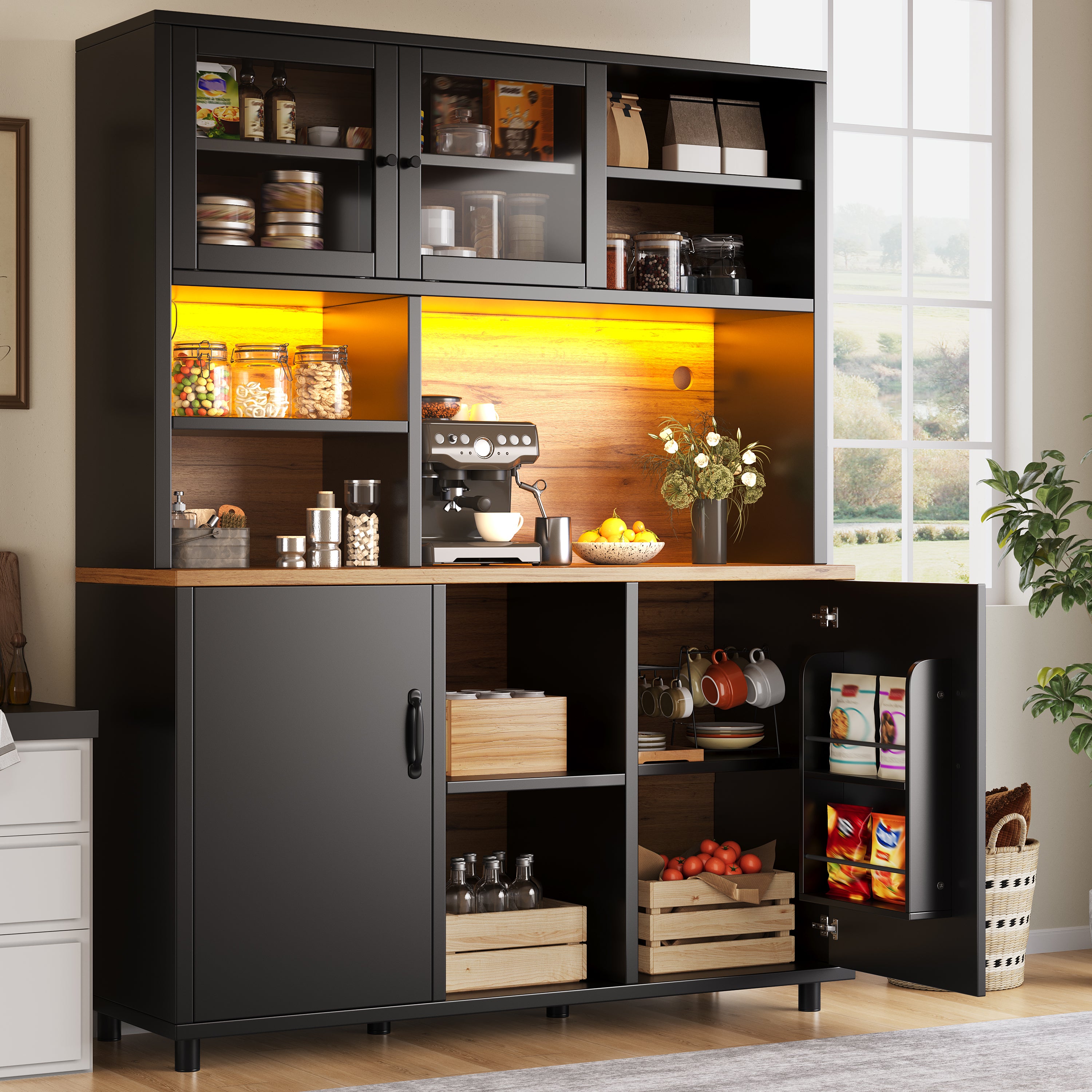 Tall cabinets for the living room, kitchen cabinet, dining room cabinet, cabinets with LED lighting, cabinet door with snack shelf, retro style, black