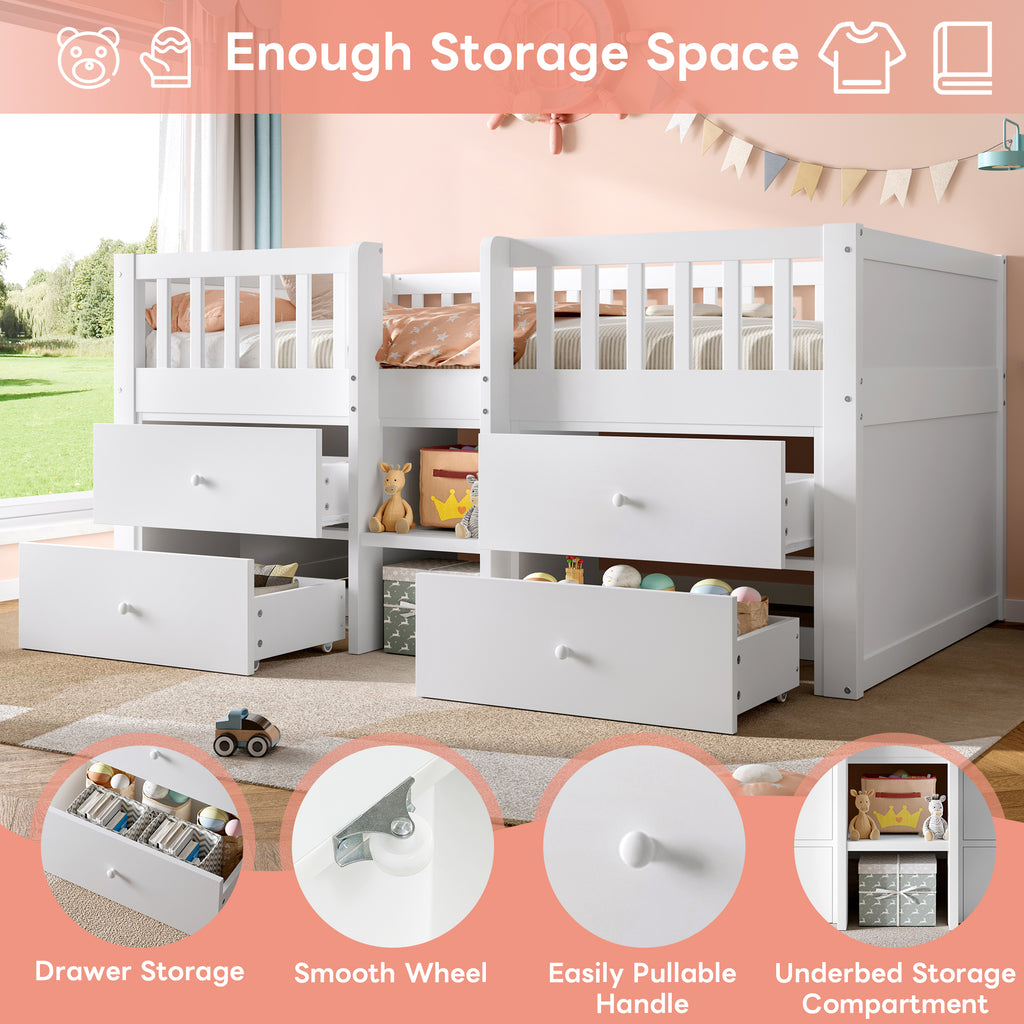 Low Loft Bed with Storage, Solid Wood Bed Frame with Drawer Storage, 3ft Single Bed with Guardrail, No Box Spring Needed, Saving-space Design for Bedroom, Modern Bed for Children, White (No Mattress)