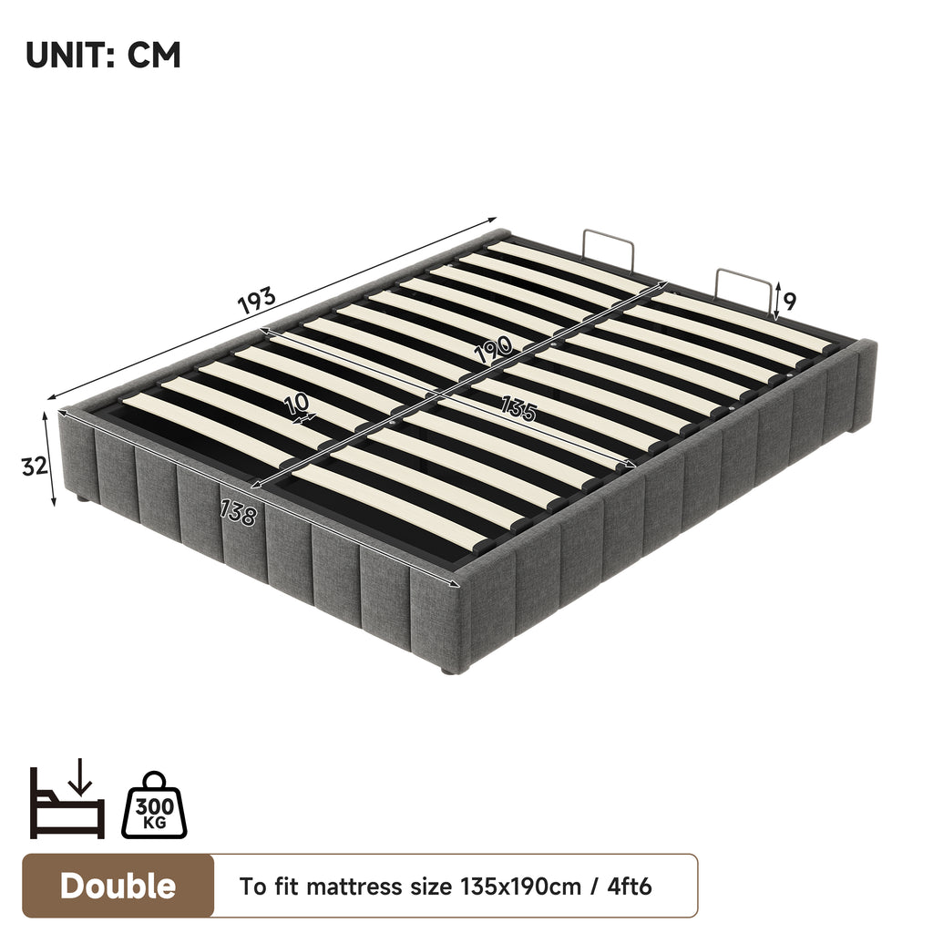 4ft6 Double Upholstered Storage Bed Frame, No Headboard  Linen Bed Frame with Hydraulic Storage, Channel Tufted  Ottoman Bed, Metal-Wood Support, No Box Spring Needed, Easy Assembly,Grey (No Mattress)