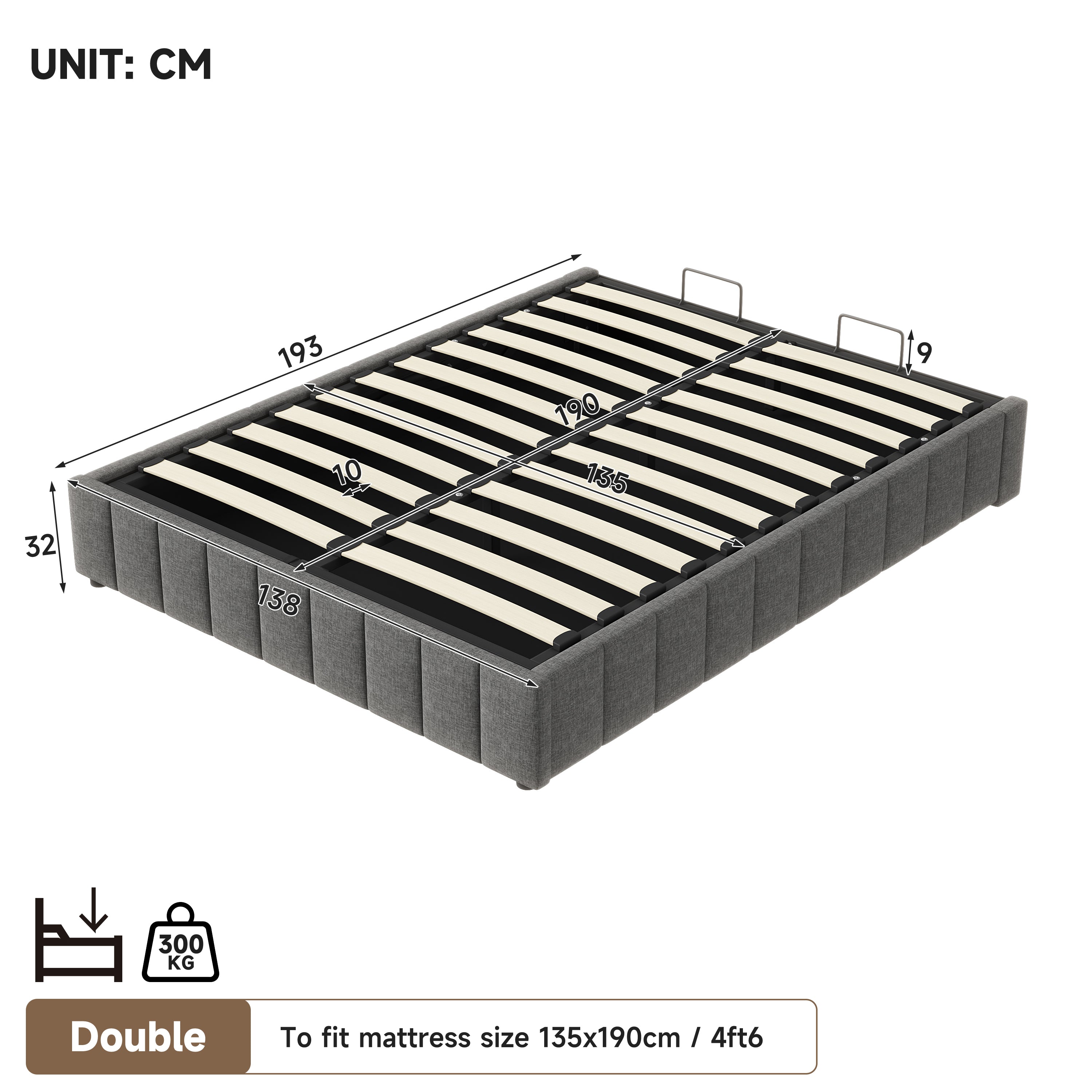 4ft6 Double Upholstered Storage Bed Frame, No Headboard  Linen Bed Frame with Hydraulic Storage, Channel Tufted  Ottoman Bed, Metal-Wood Support, No Box Spring Needed, Easy Assembly,Grey (No Mattress)