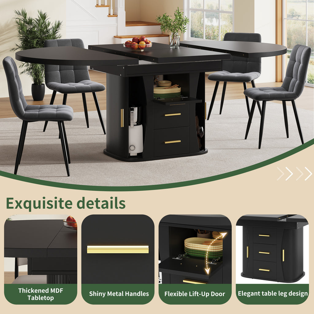 Extendable dining table, dining room table, kitchen table, round dining table, extends to oval, 118-158 cm, seats up to 6 people, three-tier storage, black