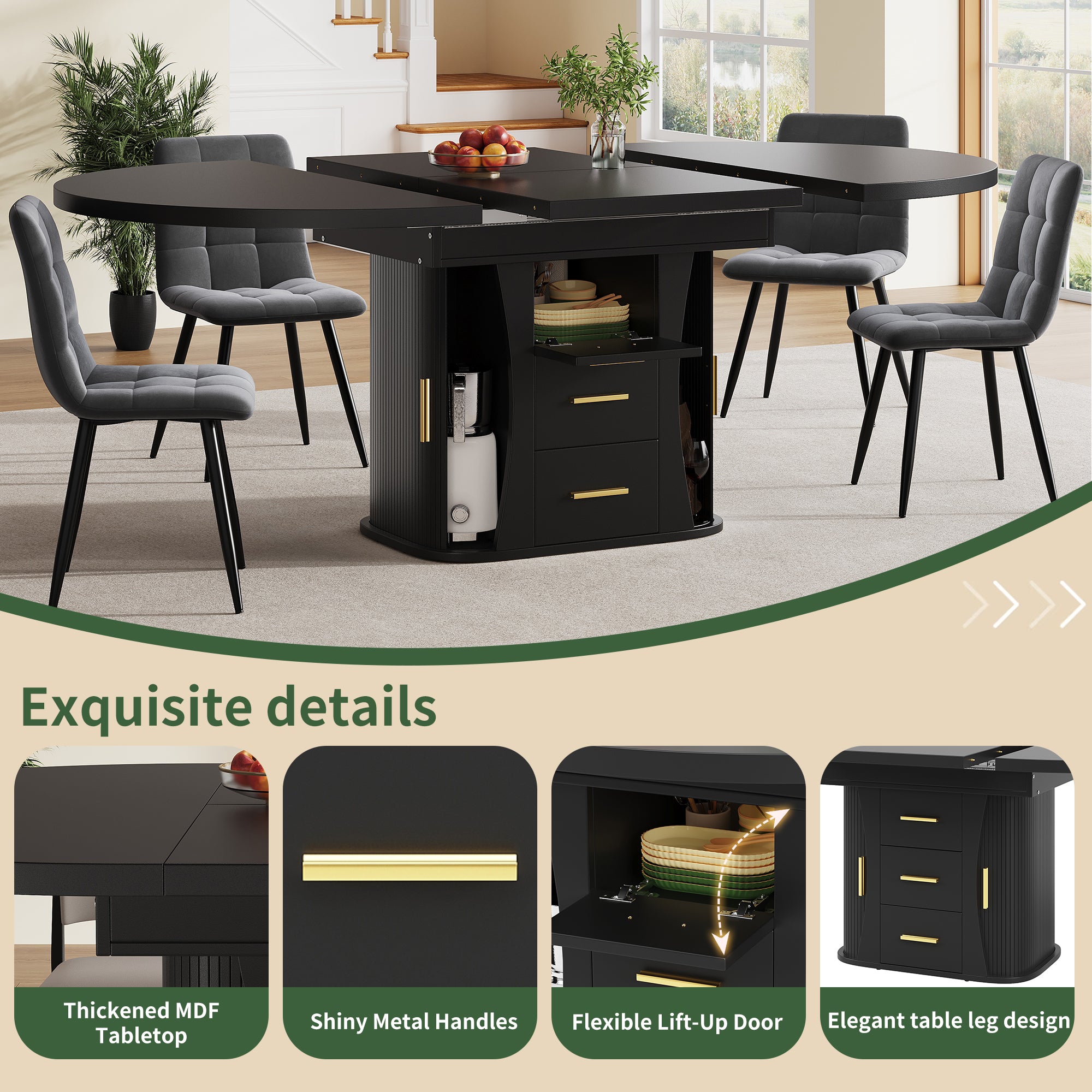 Extendable dining table, dining room table, kitchen table, round dining table, extends to oval, 118-158 cm, seats up to 6 people, three-tier storage, black