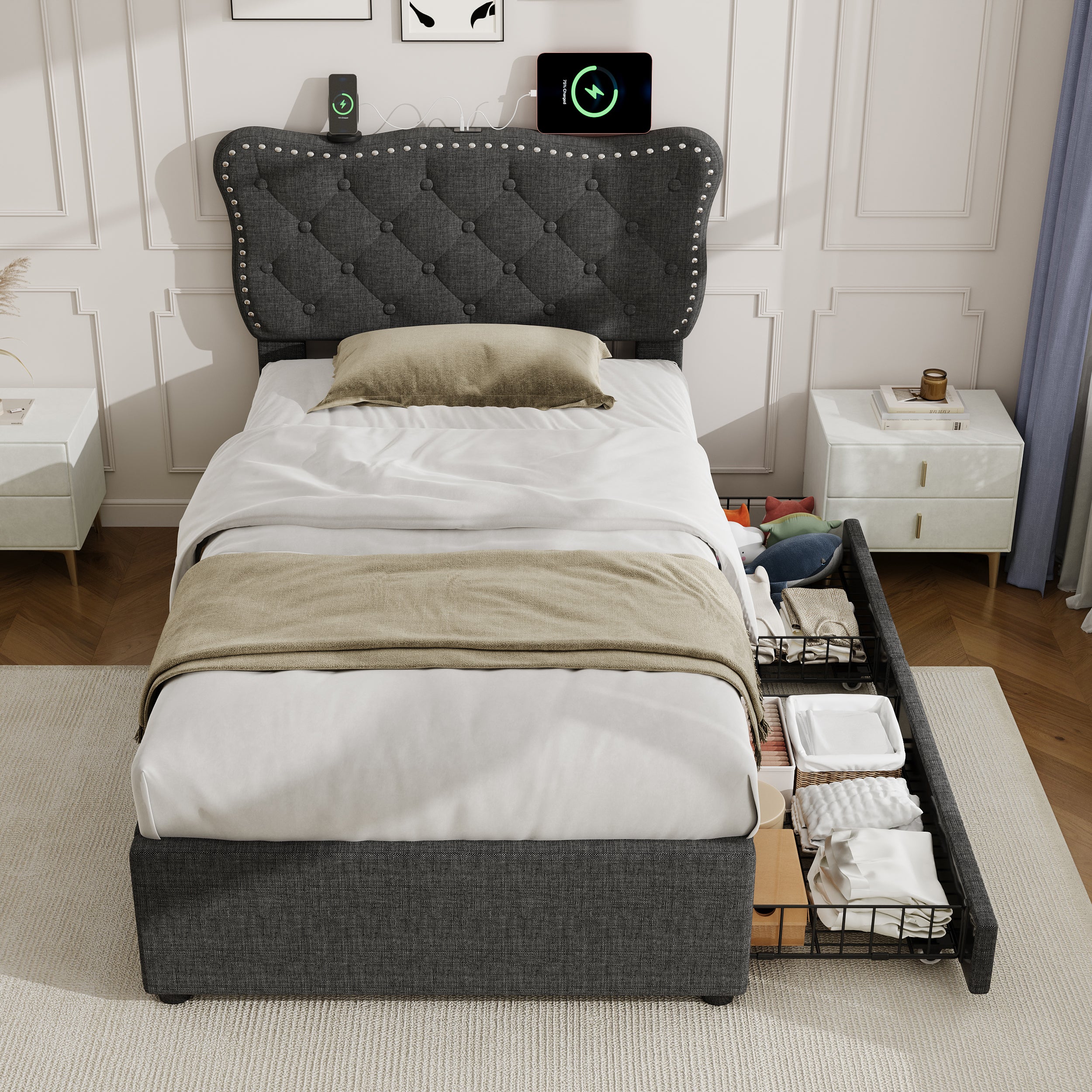 3ft Single Upholstered Bed with Rivet Design and Charging Station, Two Storage Drawers, Adjustable Button Tufted Headboard with USB & Type-C Ports, No Box Spring Needed, Linen, Grey (No Mattress)