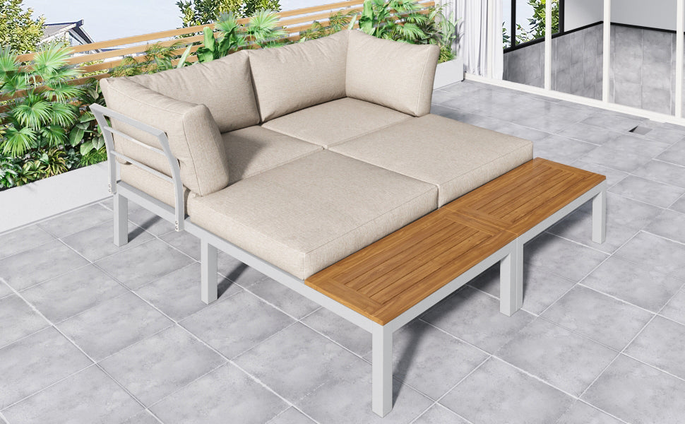 Outdoor Patio&Backyard Furniture Garden Lounge Set for 4 people, Space Saving Thick Quality L-Shaped Corner Sofa with Wooden Table, Beige