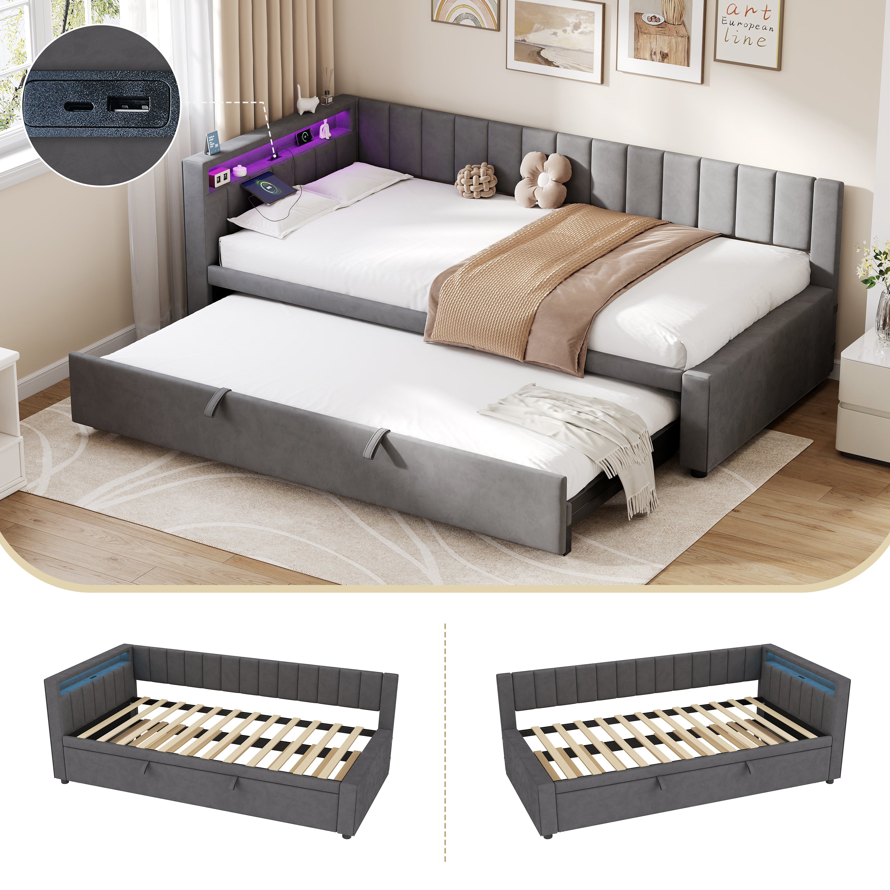 3ft Single Velvet Daybed, Sofa Bed with RGB LED Lights and Charging Station, Upholstered Sofa Bed with Trundle, Pull out Trundle Bed for Living Room, Bedroom or Study, Grey (No Mattress)