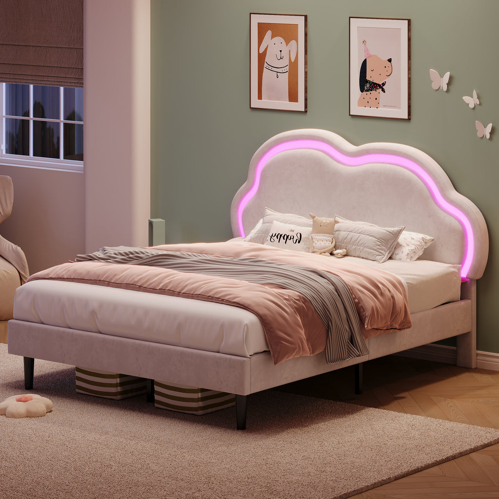4ft6 Double Upholstered Bed with LED Adjustable Cute Cloud Headboard, Soft Velvet Bed Frame with Solid Wood Slat, No Box Spring Needed, Easy Assembly, Cream White (No Mattress)