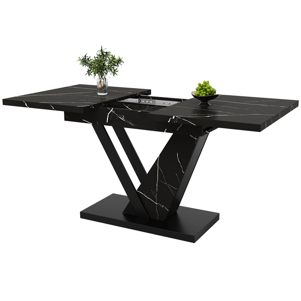 Dining table Telescopic table (120-160*75cm), extendable table, extendable to 120-160cm with the aid of internal insert panels, for kitchen and living room, dining table with black marble pattern