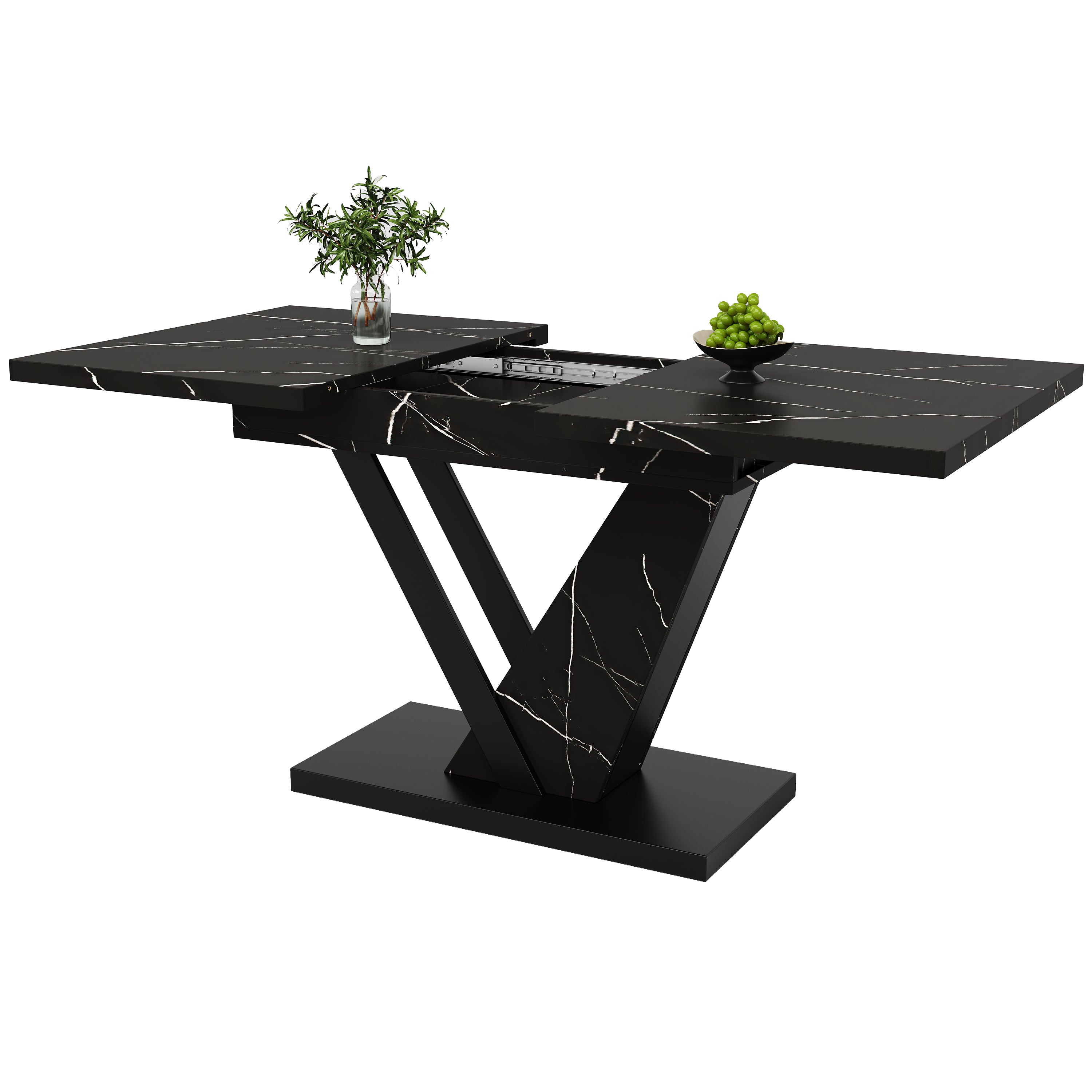 Dining table Telescopic table (120-160*75cm), extendable table, extendable to 120-160cm with the aid of internal insert panels, for kitchen and living room, dining table with black marble pattern
