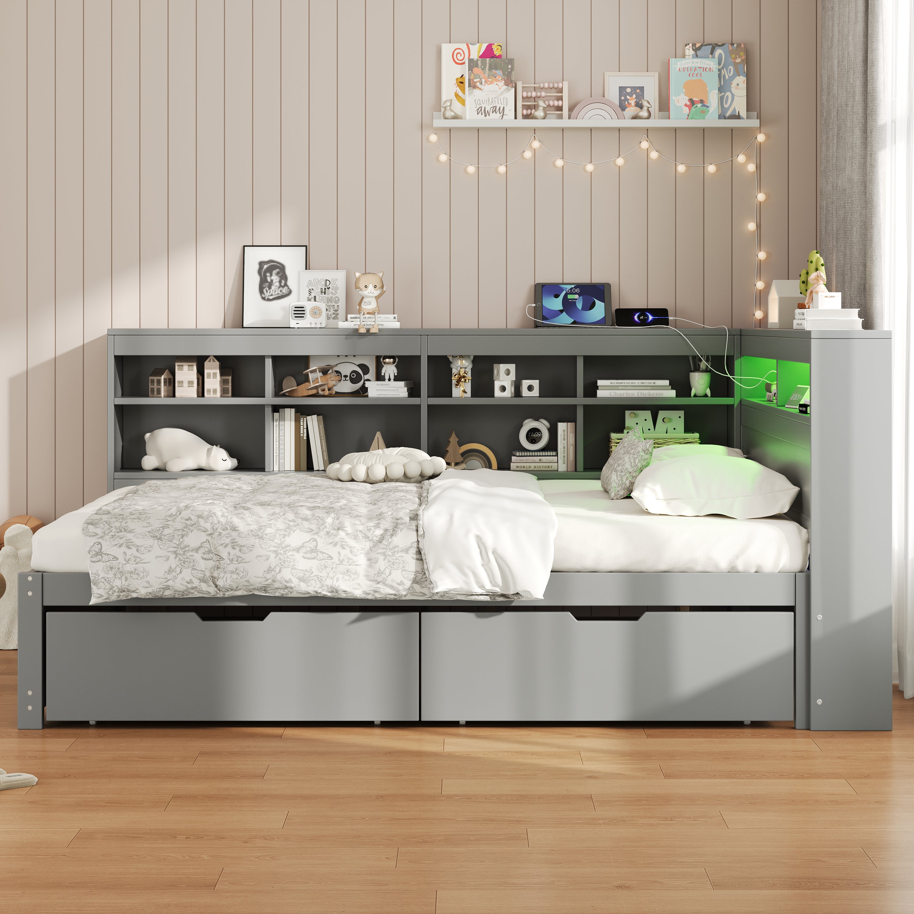 4ft6 Double Daybed with Two Storage Drawers and Beside Storage, LED Modern Bed frame with Charging Station, Wood Bed for Living Room/ Bedroom/ Study Room, 135X190cm, Easy Assembly, Grey (No Mattress)
