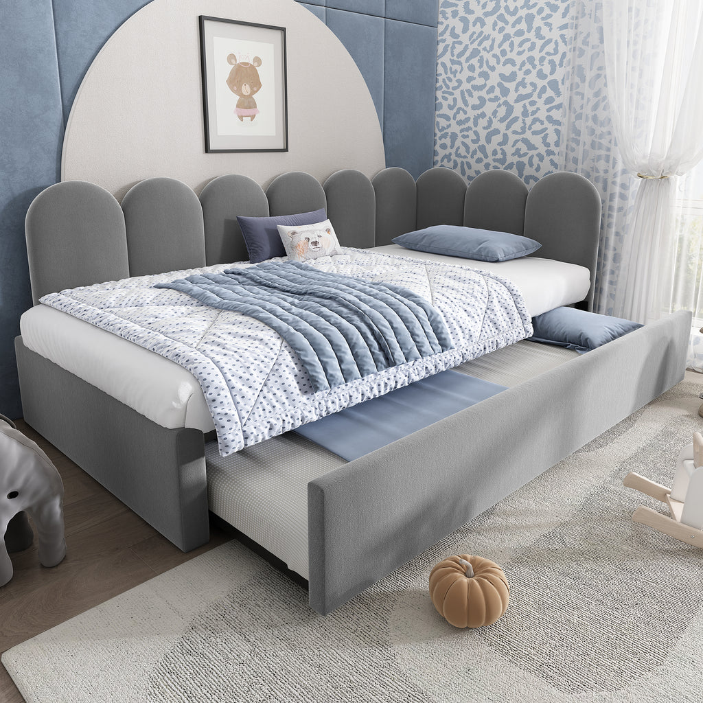 Upholstered Bed Daybed with Pull-Out Bed, 3FT Single Sofa Bed 90 x 190 cm, Guest Beds for Adults and Children, Bed with Slatted Frame, Velvet, Grey (No Mattress)