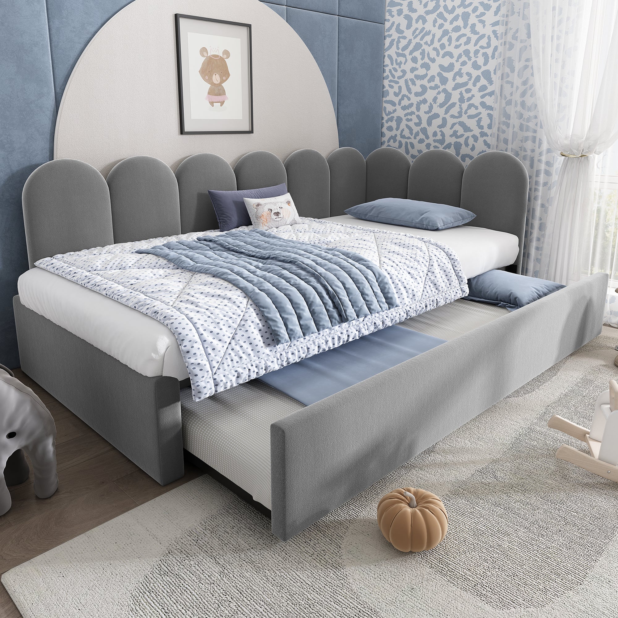 Upholstered Bed Daybed with Pull-Out Bed, 3FT Single Sofa Bed 90 x 190 cm, Guest Beds for Adults and Children, Bed with Slatted Frame, Velvet, Grey (No Mattress)