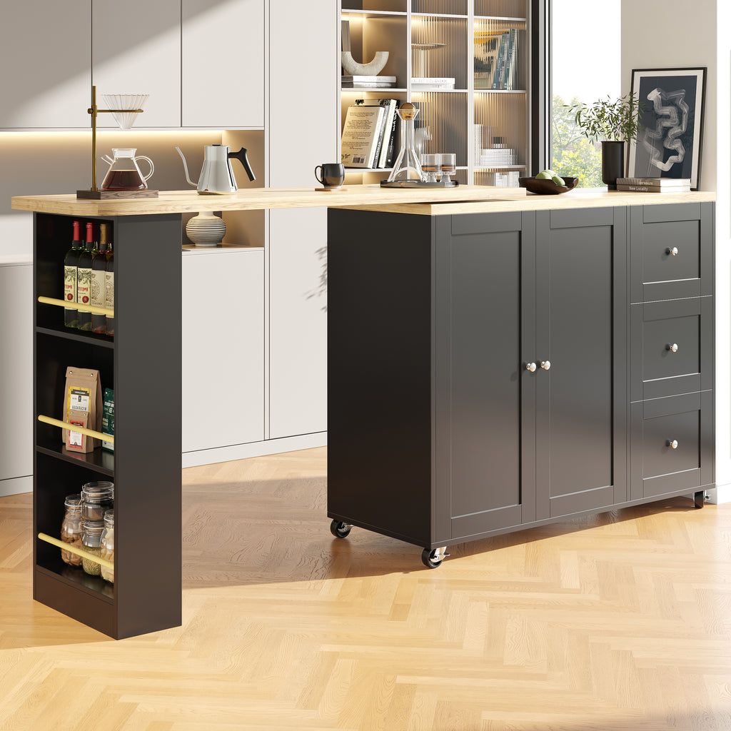 360° swivelling dining table (138-209 x 39 x 106 cm) on castors, bar table, black, with three drawers and snack rack, multifunctional storage island, suitable for kitchen and living room.