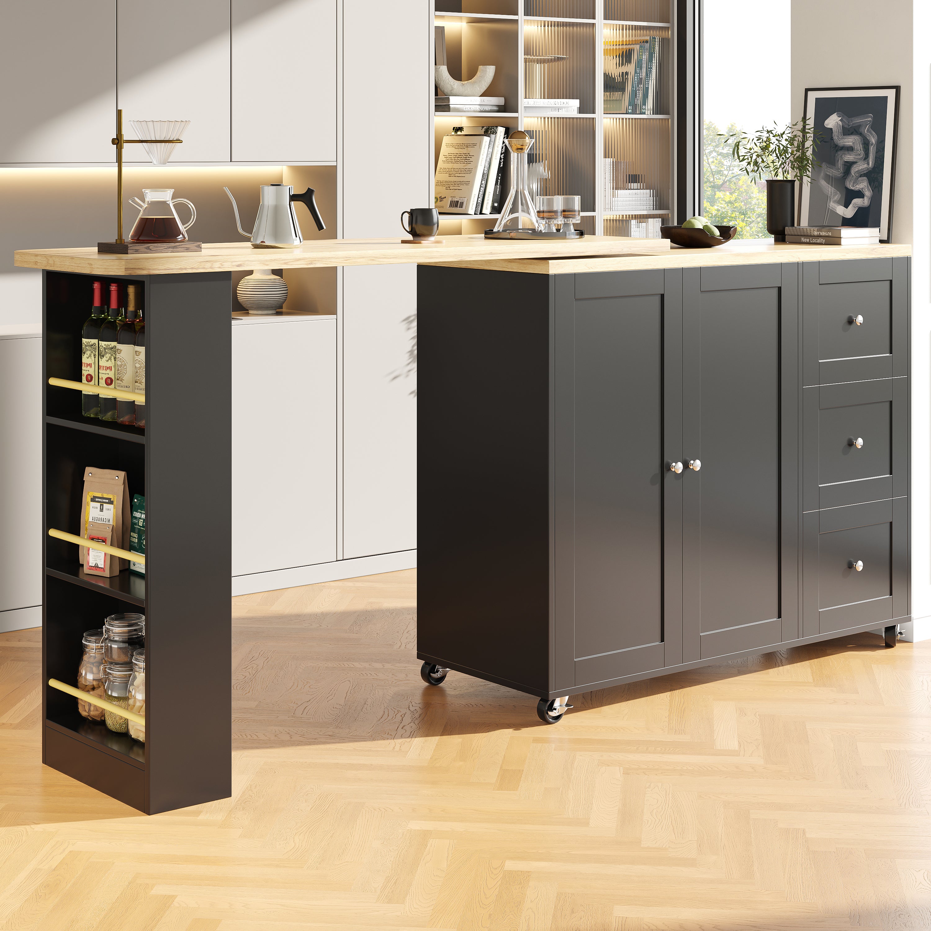 360° swivelling dining table (138-209 x 39 x 106 cm) on castors, bar table, black, with three drawers and snack rack, multifunctional storage island, suitable for kitchen and living room.