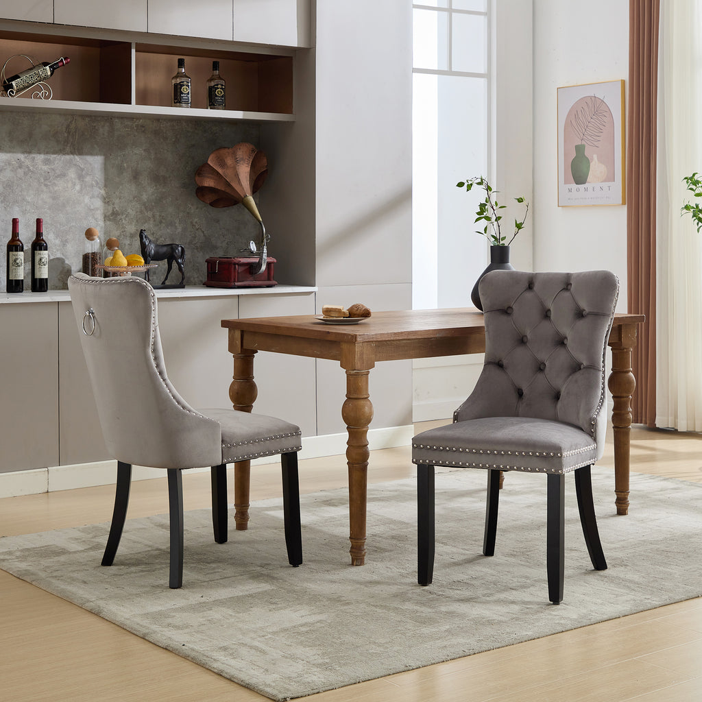 Modern Set of 2 Upholstered Velvet Dining Chairs, Button Tufted Kitchen Lounge Chairs with Solid Wood Legs, Riveted Trim and Knocker Ring, for Dining Room Living Room, Grey
