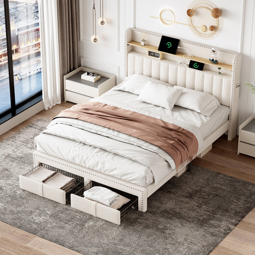 4ft6 Double Upholstered Bed with 2 Storage Drawers, Riveted Storage Bed with Charging and Lighting, Linen Platform Bed Frame No Box Spring Needed, Easy Assembly, Beige (No Mattress)