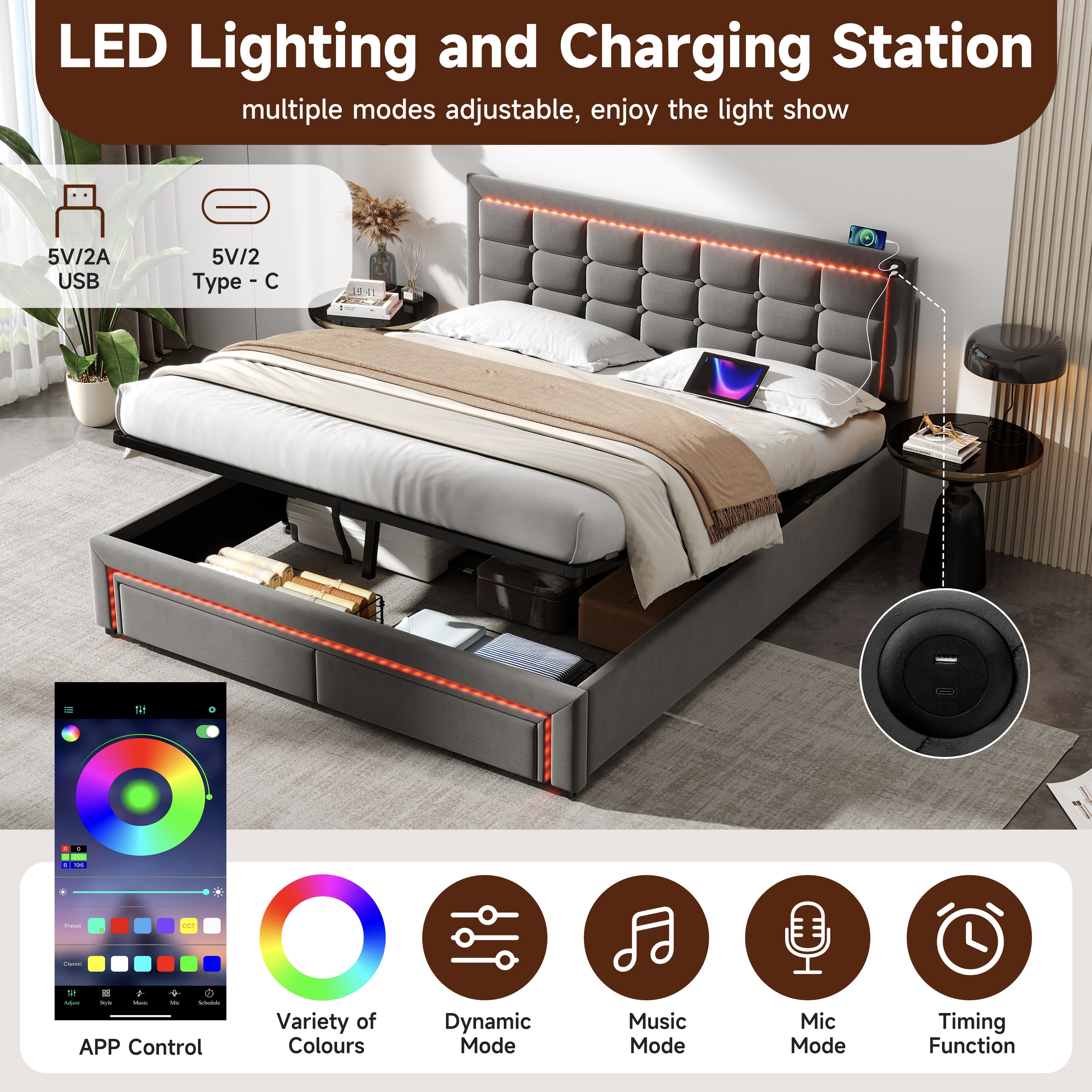4ft6 Double Upholstered Bed Frame with Hydraulic and Drawers Storage, LED Adjustable Button Tufted Headboard with Charging Station, Velvet Hydraulic Bed with RGB LED Lighting, Grey (No Mattress)