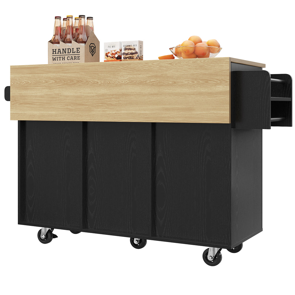 Modern kitchen island, kitchen cabinet, buffet cabinet, dining cart with wood grain, dining table with storage space, dining cart with snack shelves and stretch function cabinets, black