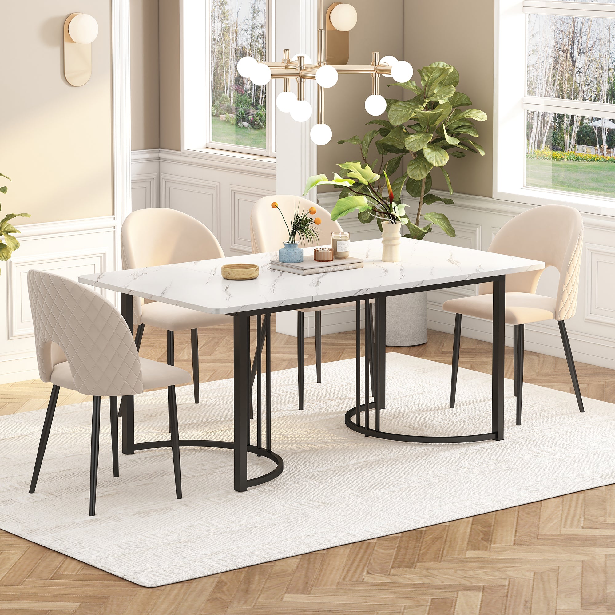 140 x 80cm Dining Table,(1-pcs), Modern Kitchen Table, Metal Frame Rectangular Dining Table in Modern Marble Pattern Kitchen Table with Adjustable Feet for Dining Room Living Room, White/Black