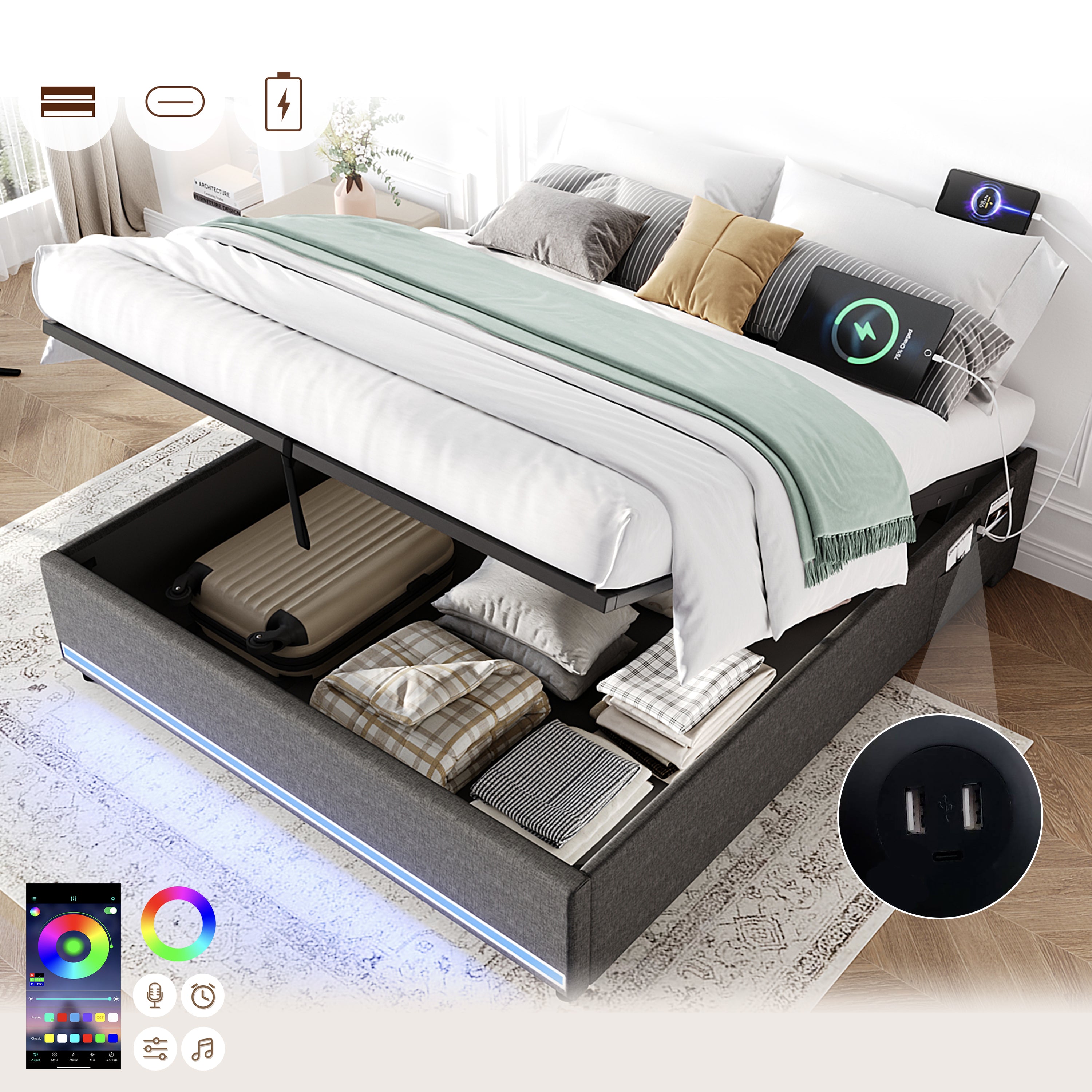 5ft King Hydraulic Storage Bed, No Headboard Linen Bed Frame with APP Control LED Lights, Side Charging Station, Side Pockets, Grey (No Mattress)