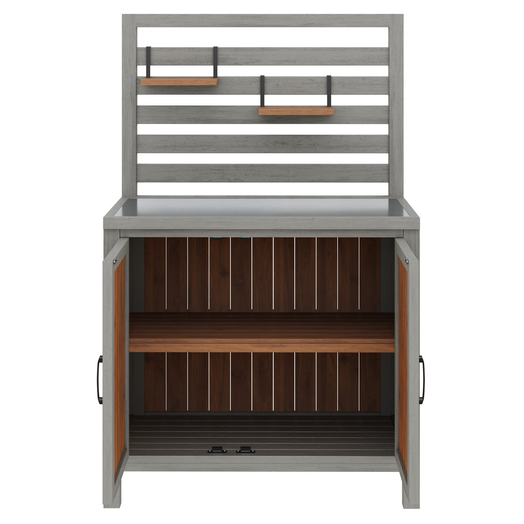 Weatherproof wooden garden cabinet – tool shed with stainless steel worktop, grill station with adjustable shelves and storage compartments, kitchen cabinet for patio, balcony, garden