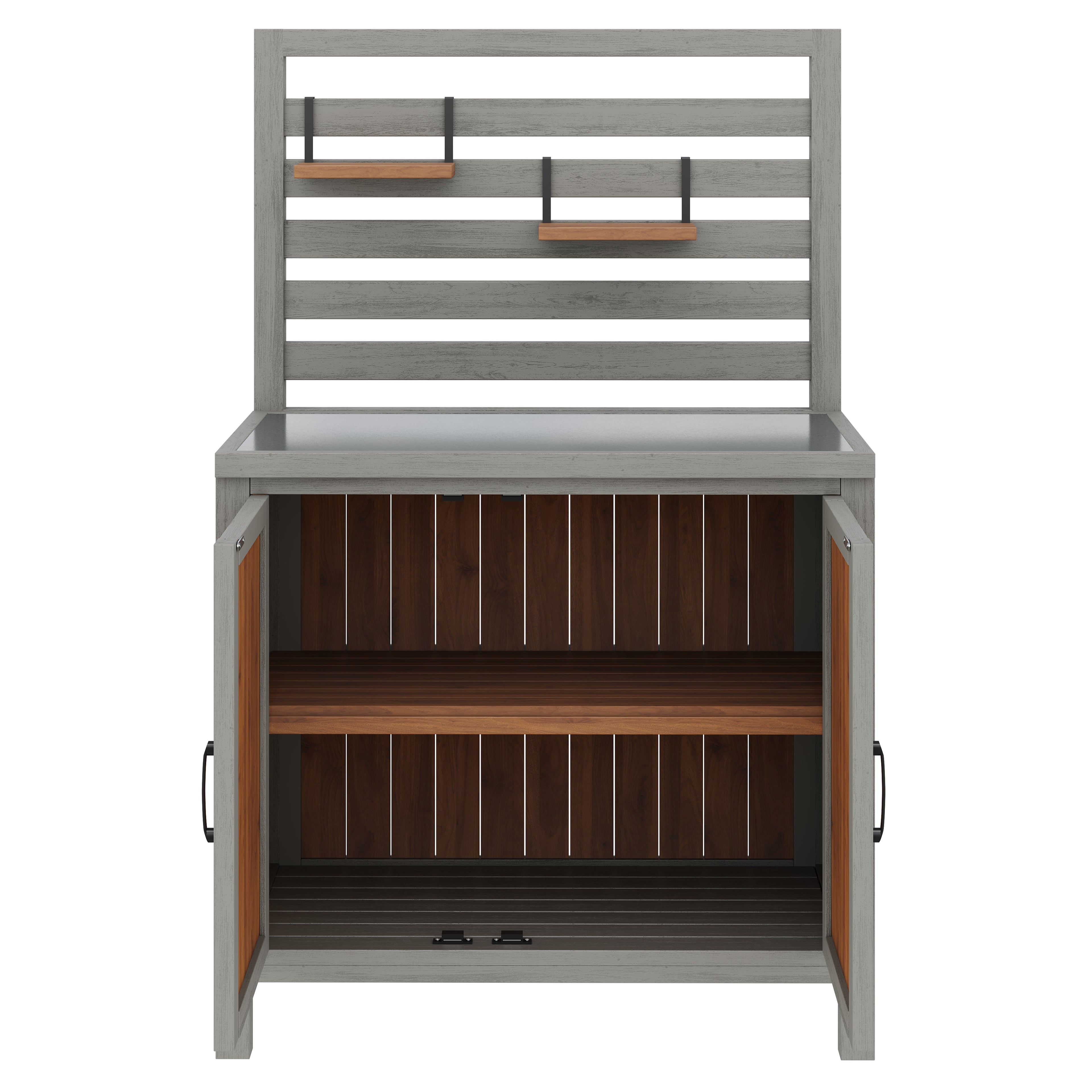 Weatherproof wooden garden cabinet – tool shed with stainless steel worktop, grill station with adjustable shelves and storage compartments, kitchen cabinet for patio, balcony, garden