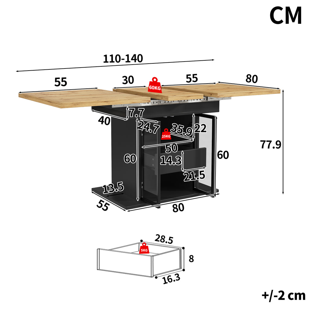 Extendable dining table with storage space & RGB LED lighting, 110–140cm, glass sliding doors & concealed push handles, white/black