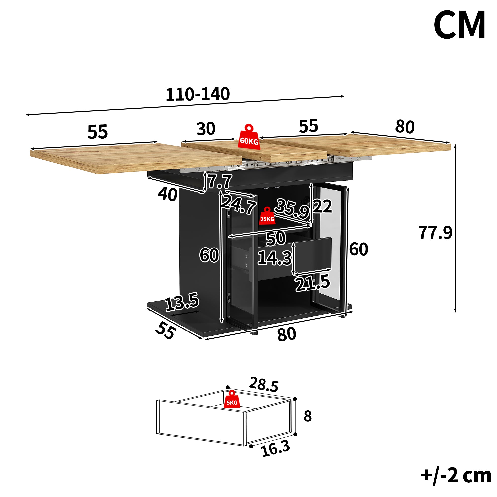 Extendable dining table with storage space & RGB LED lighting, 110–140cm, glass sliding doors & concealed push handles, white/black