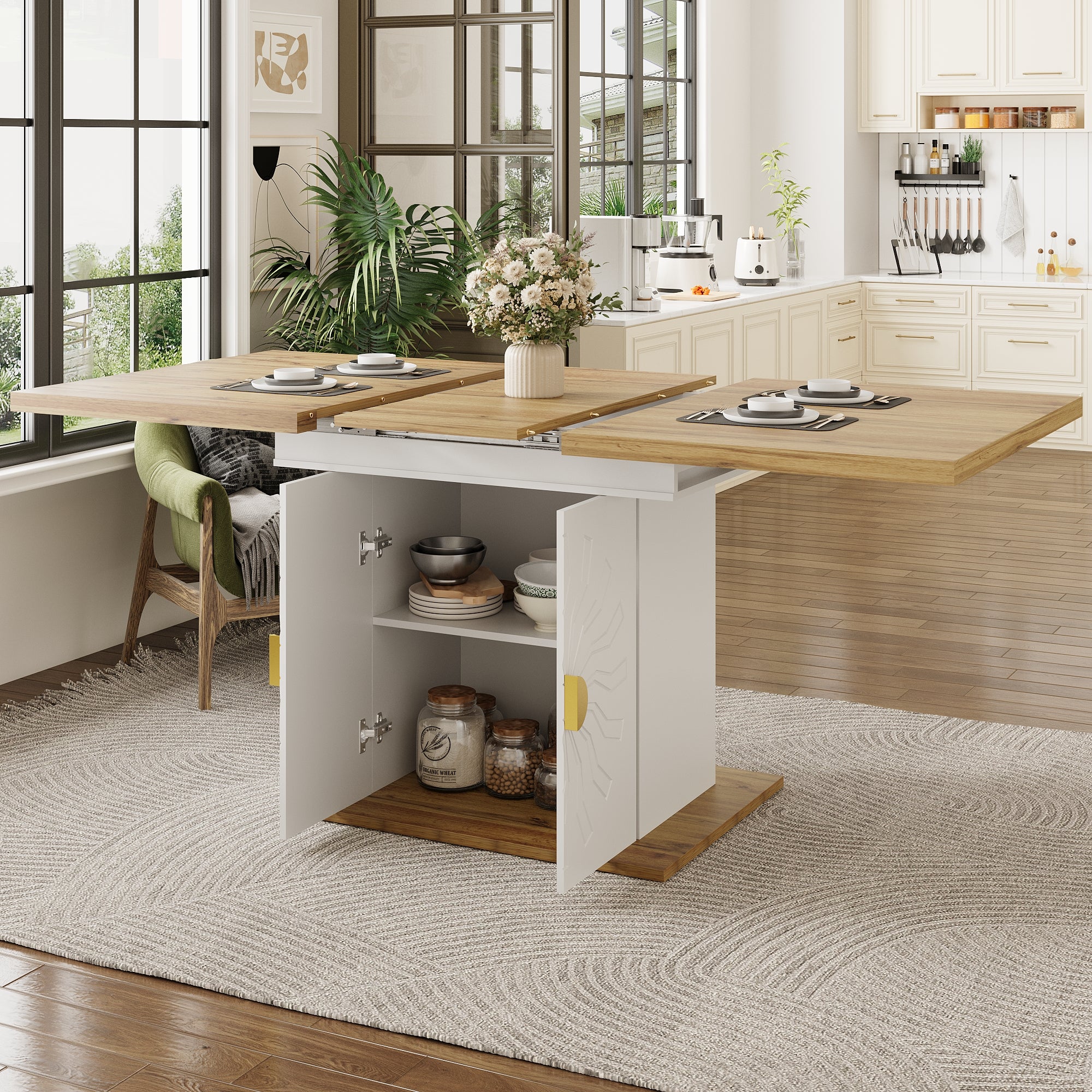 Dining Table, Table, Extension Table for Kitchen & Living Room, 110(140) x 70 x 76 cm, Wood Veneer with Sun-Relief, Generous Storage Space