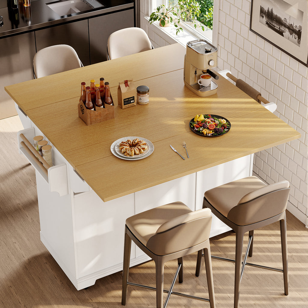 Kitchen island, cabinet, sideboard 120 x 40 (80) x 95 cm, extendable kitchen trolley with casters, extendable on both sides, with towel rail and spice rack, two doors, three drawers, black/white
