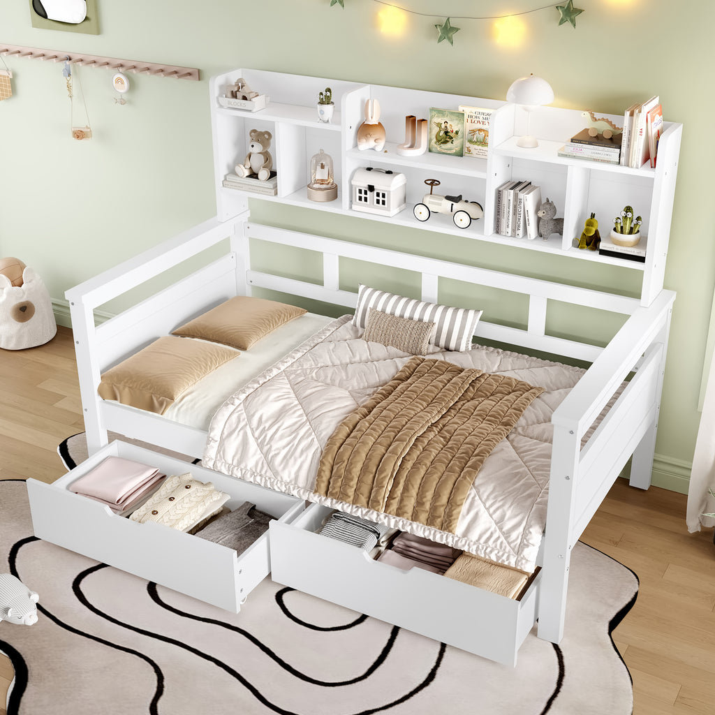 3ft Single Beds for Kids with Two Storage Drawers and Bookcase headboard, Wooden Bed Frame with Storage and Guardrail, Space-Saving Design for Bedroom, Dorm and Study Room, White (No Mattress)