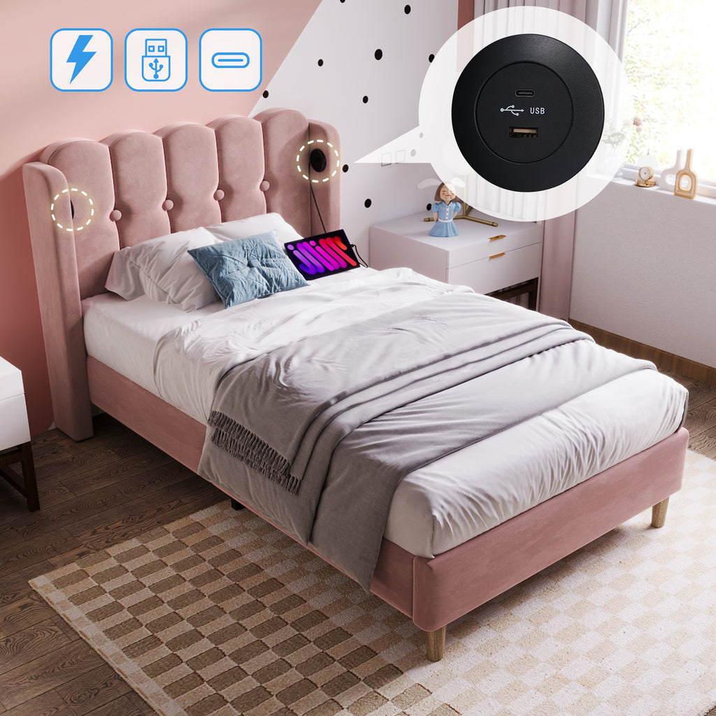 Upholstered Single Bed with USB and Type-C Charging, Bed Frame with Wooden Slatted Frame, Teenager Bed for Bedroom & Guest Room,3ft 90x 190 cm Bed Frame, Pink, Velvet Material (No Mattress).