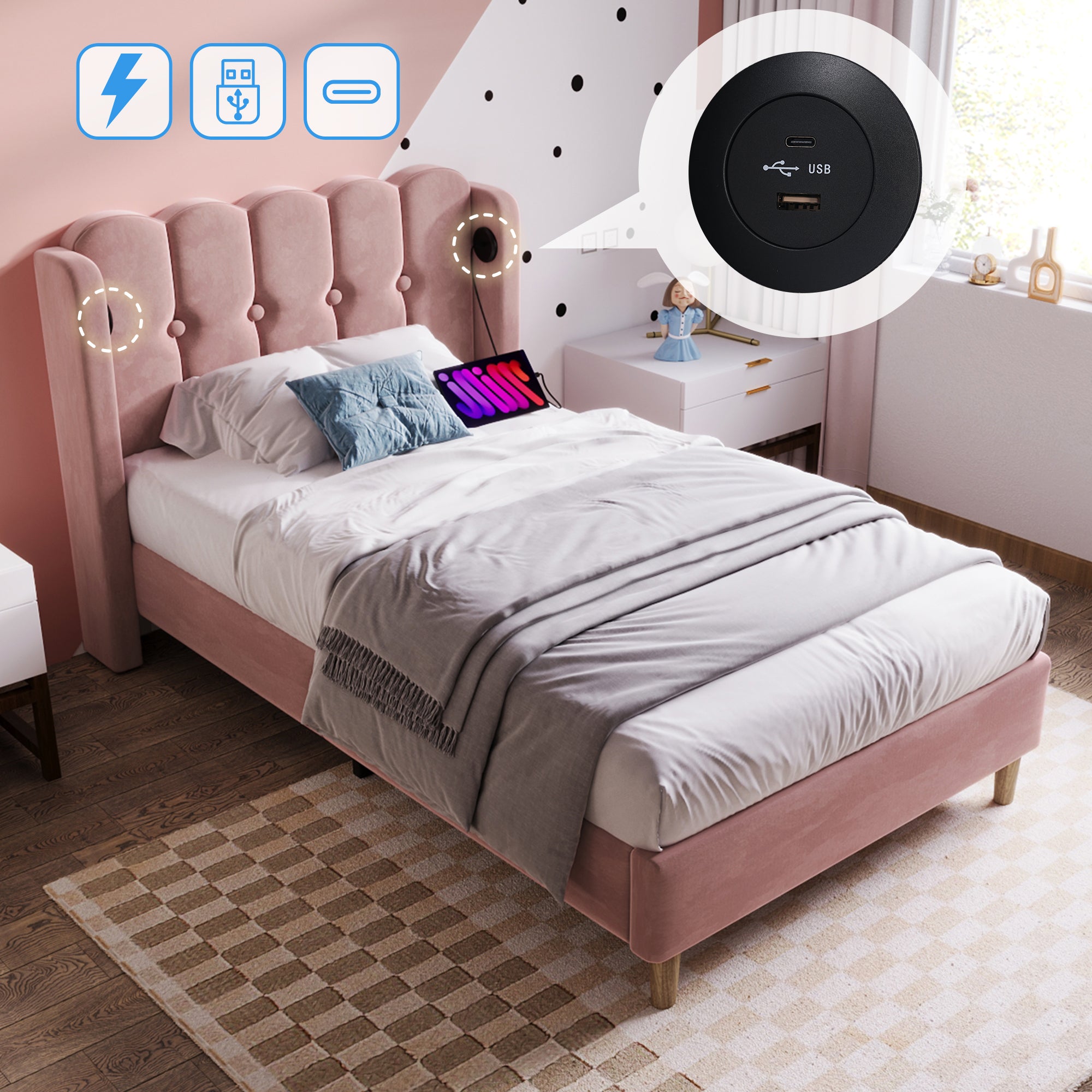 Upholstered Single Bed with USB and Type-C Charging, Bed Frame with Wooden Slatted Frame, Teenager Bed for Bedroom & Guest Room,3ft 90x 190 cm Bed Frame, Pink, Velvet Material (No Mattress).